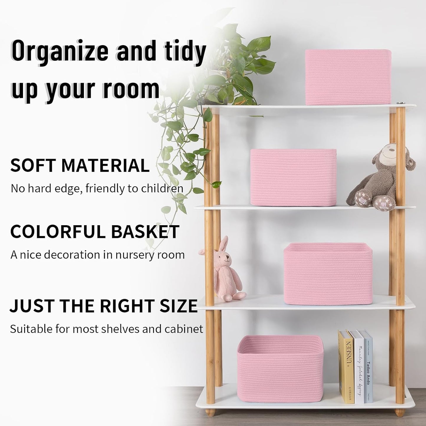 4 Pack Storage Baskets for Organizing Toys, Towels, and Clothes, Woven Basket for Shelves, Sturdy Nursery Cube Bins for Storage, 13''L x9''W x7.8''H, Pink