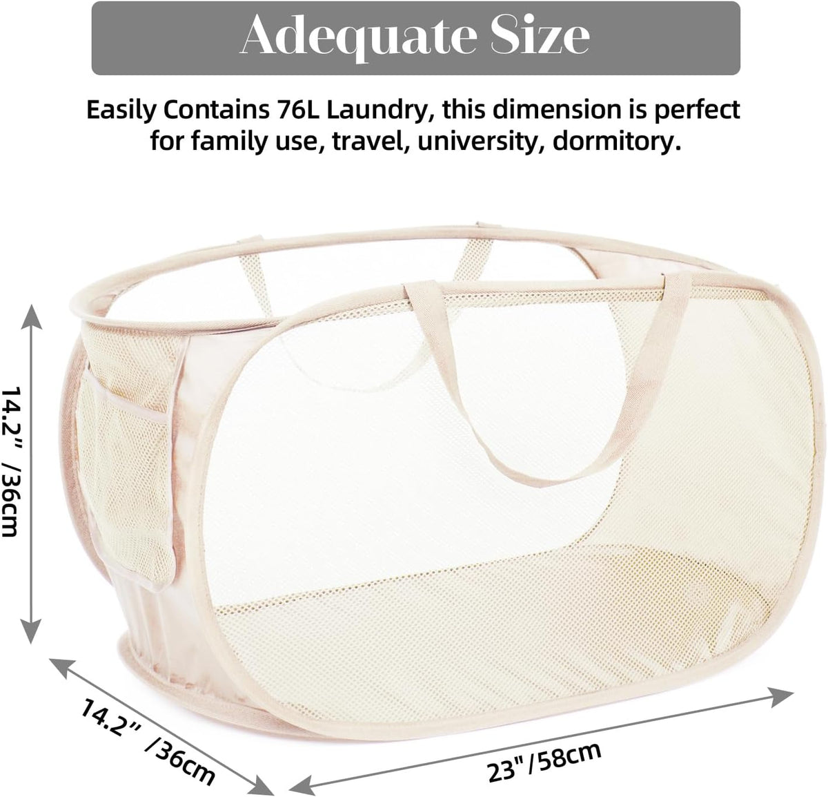 Durable Collapsible Laundry Baskets, Mesh Pop Up Laundry Hamper with Side Pocket, Foldable Clothes Hamper with Reinforced Carry Handles for Laundry, Bathroom, Kids Room, Dorm or Travel 2 Pack Beige