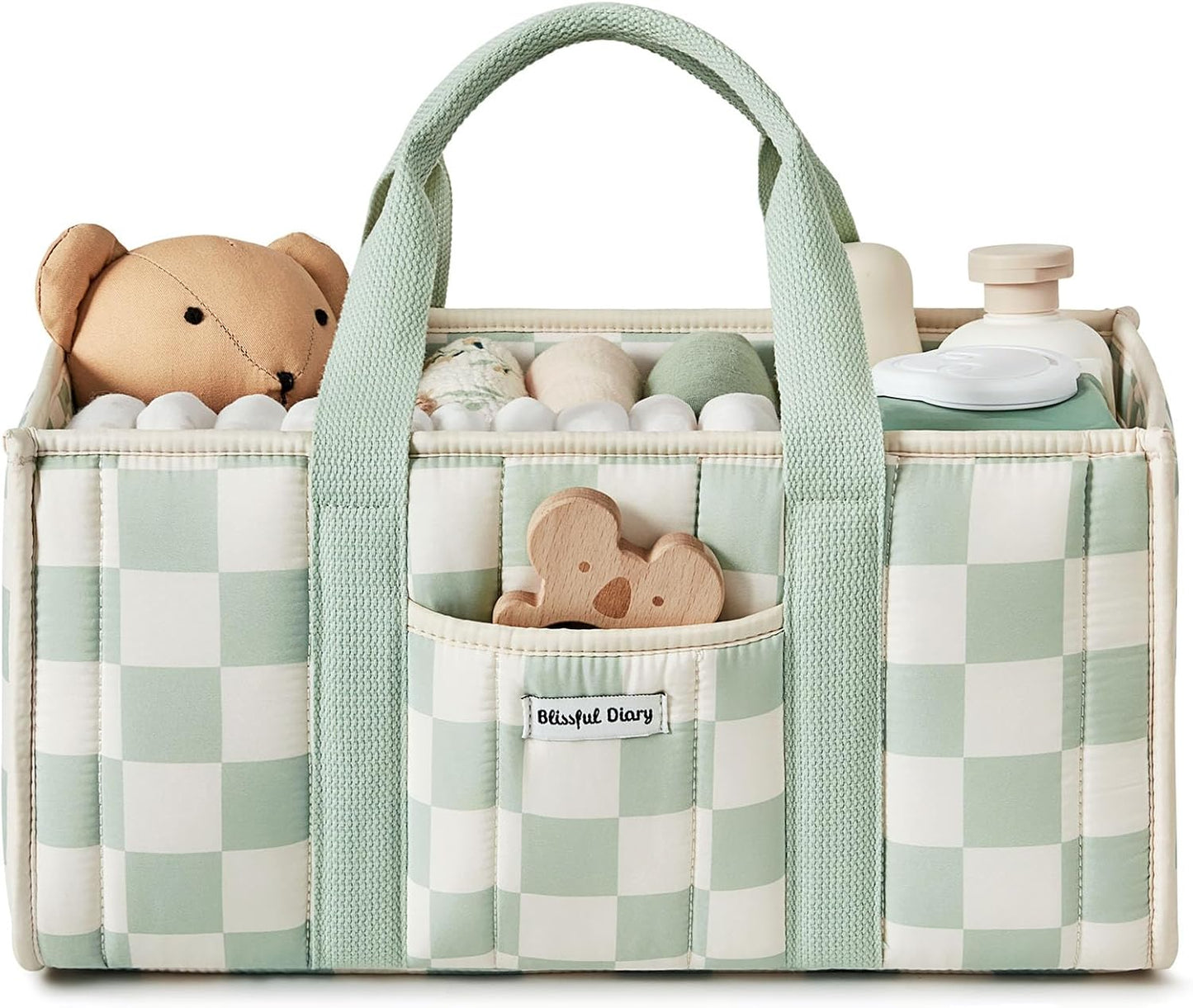 Blissful Diary Checkered Diaper Caddy Organizer, Stylish Nursery Storage Basket, Gift for Baby Shower, Newborn Essentials, Registry Search Must Haves, Sage Green