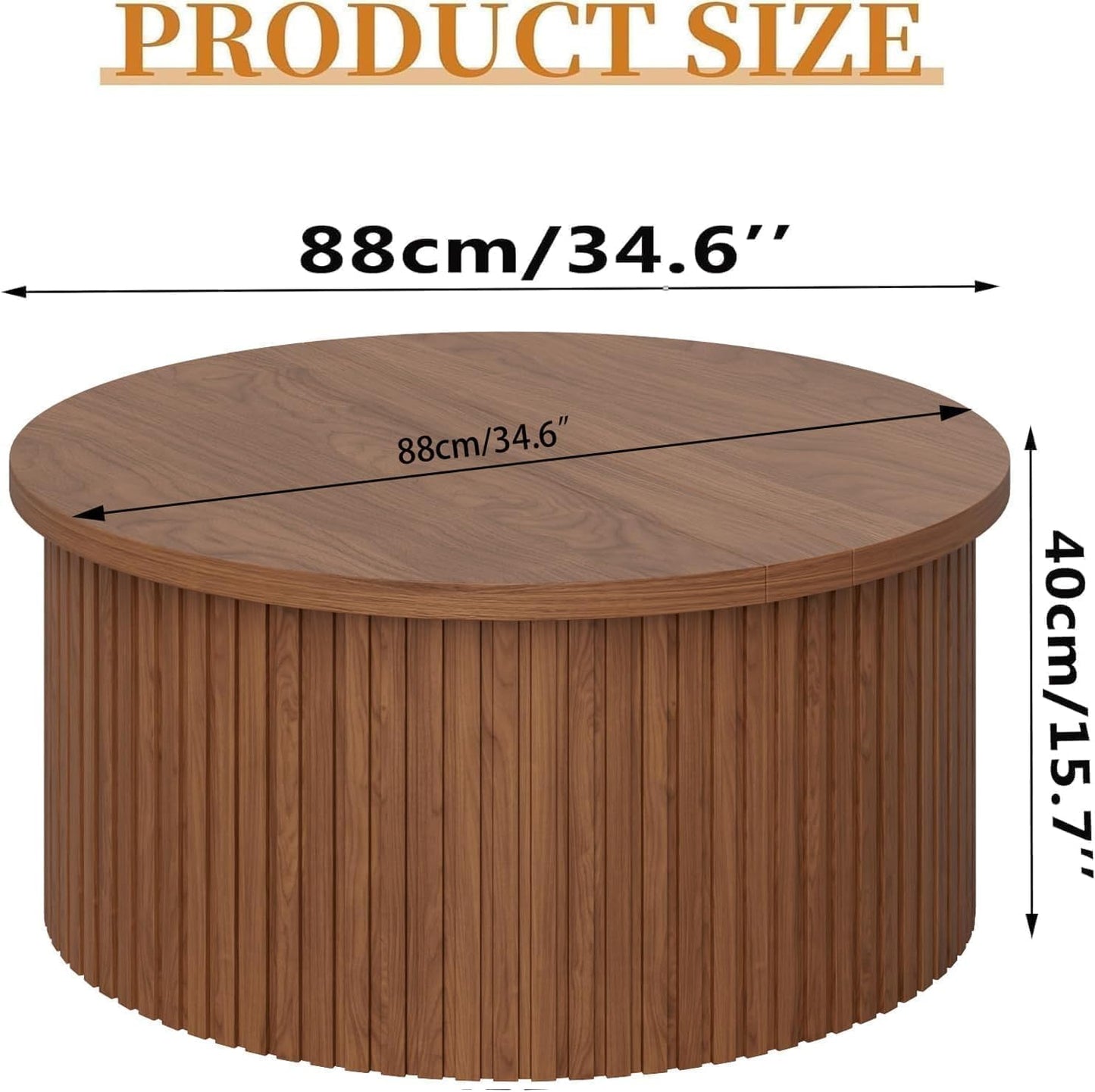 Fsbecl 34'' Round Fluted Lift Top Coffee Table with Hidden Storage, Walnut | Wooden Center Table, Lift Top Coffee Table for Living Room, Home Decor
