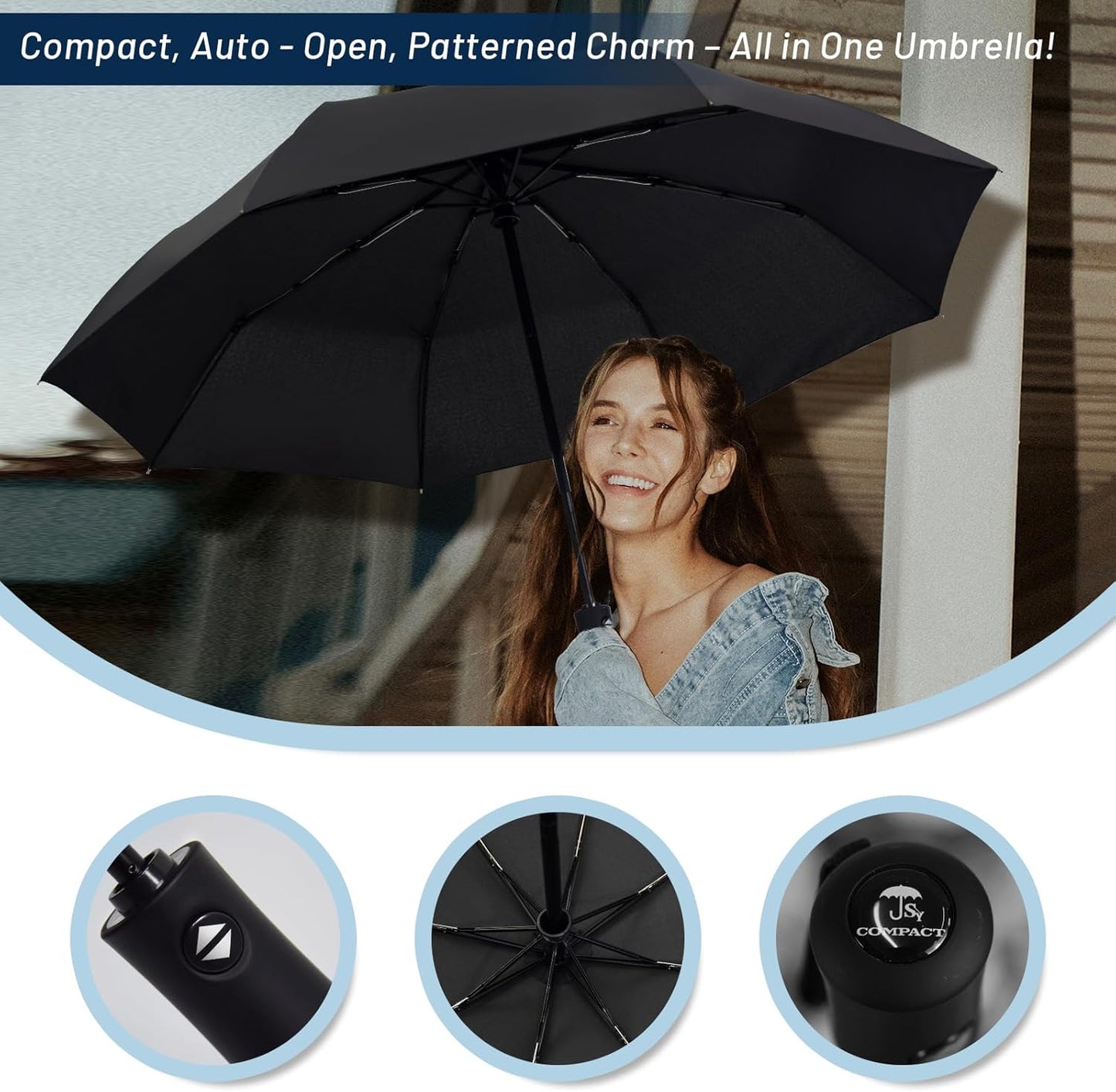 SY COMPACT Travel Umbrella - Windproof Automatic Compact Umbrella for Rain, Lightest 8-Rib, Small, Strong & Portable, Durable Grip, Fits Backpack & Car, Factory Direct (UV Available)