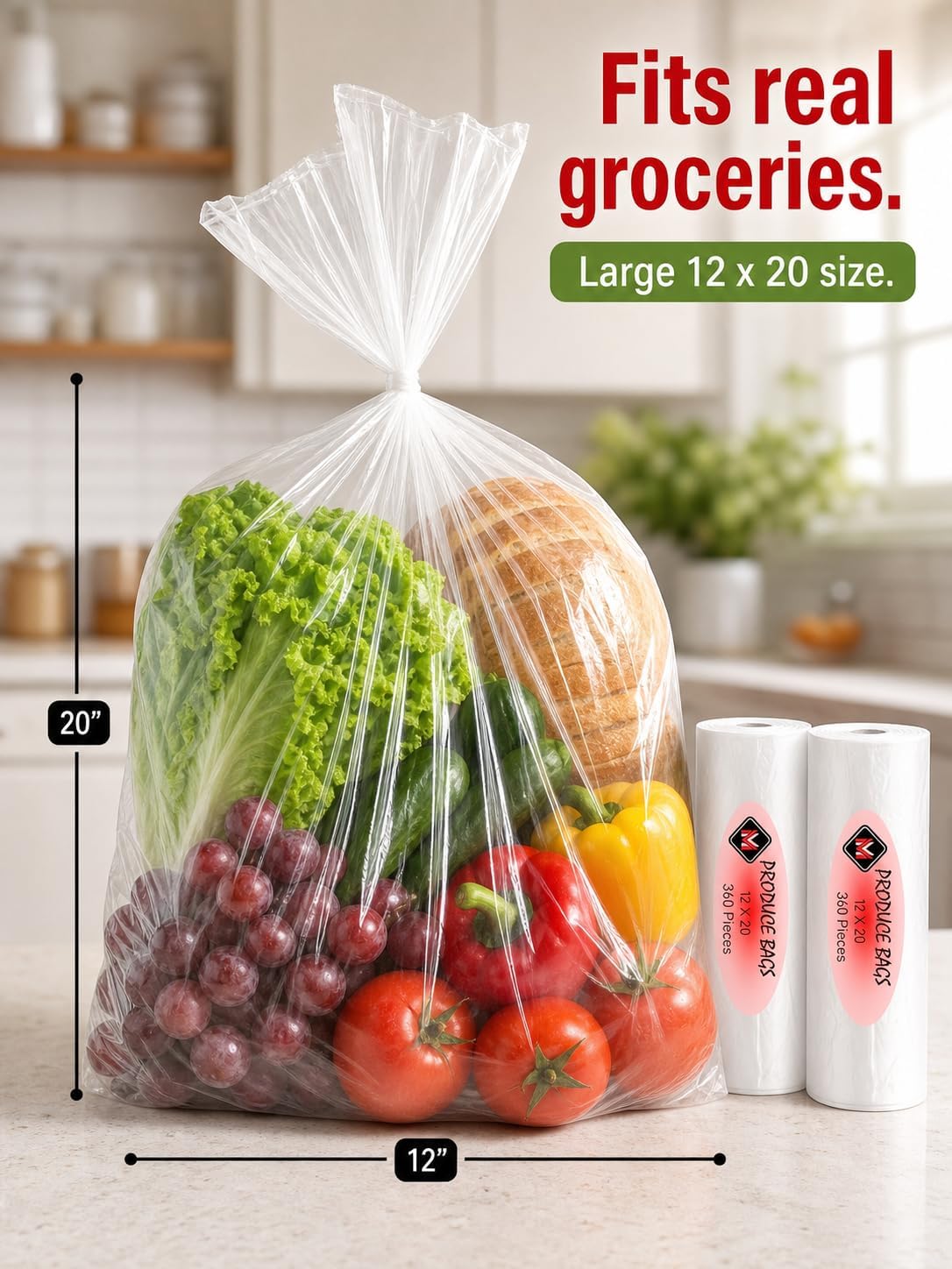 Plastic Produce Bags for Food Storage - 12"x20" Clear Grocery Bag for Fruits, Vegetables, Bread - Easy Peel-Off Design, Continuous Roll, 1.75" Core, Pack of 720 Bags [2 rolls]