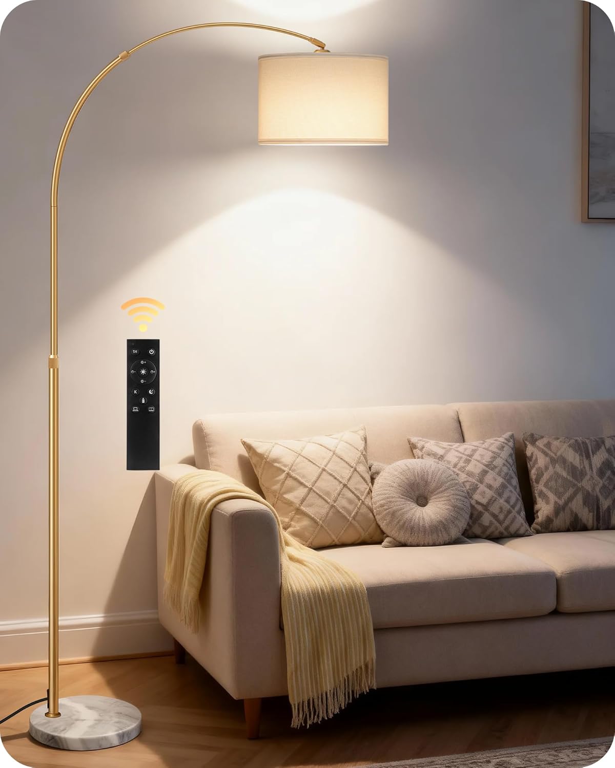 75" Arc Floor Lamp with Marble Base and Adjustable Height, Rotating Hanging Shade, Dimmable Floor Lamp for Living Room with Remote and Foot Switch, 3CCT, Over Couch Arched Light, White Gold DW15LD05