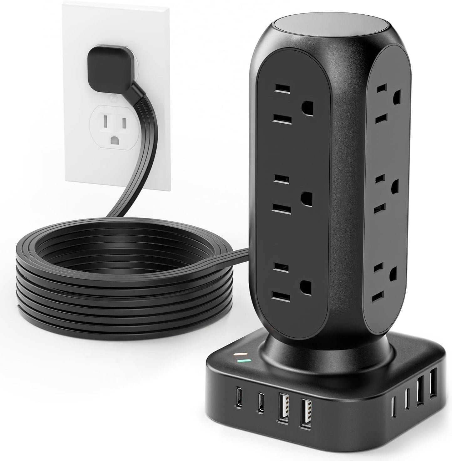 TenTrend Power Strip Tower, Flat Plug Charging Tower, 5 FT Extension Cord | 12 AC Outlets & 8 USB Ports (4USB-C), Charging Station for Home, Office, Dorm Room