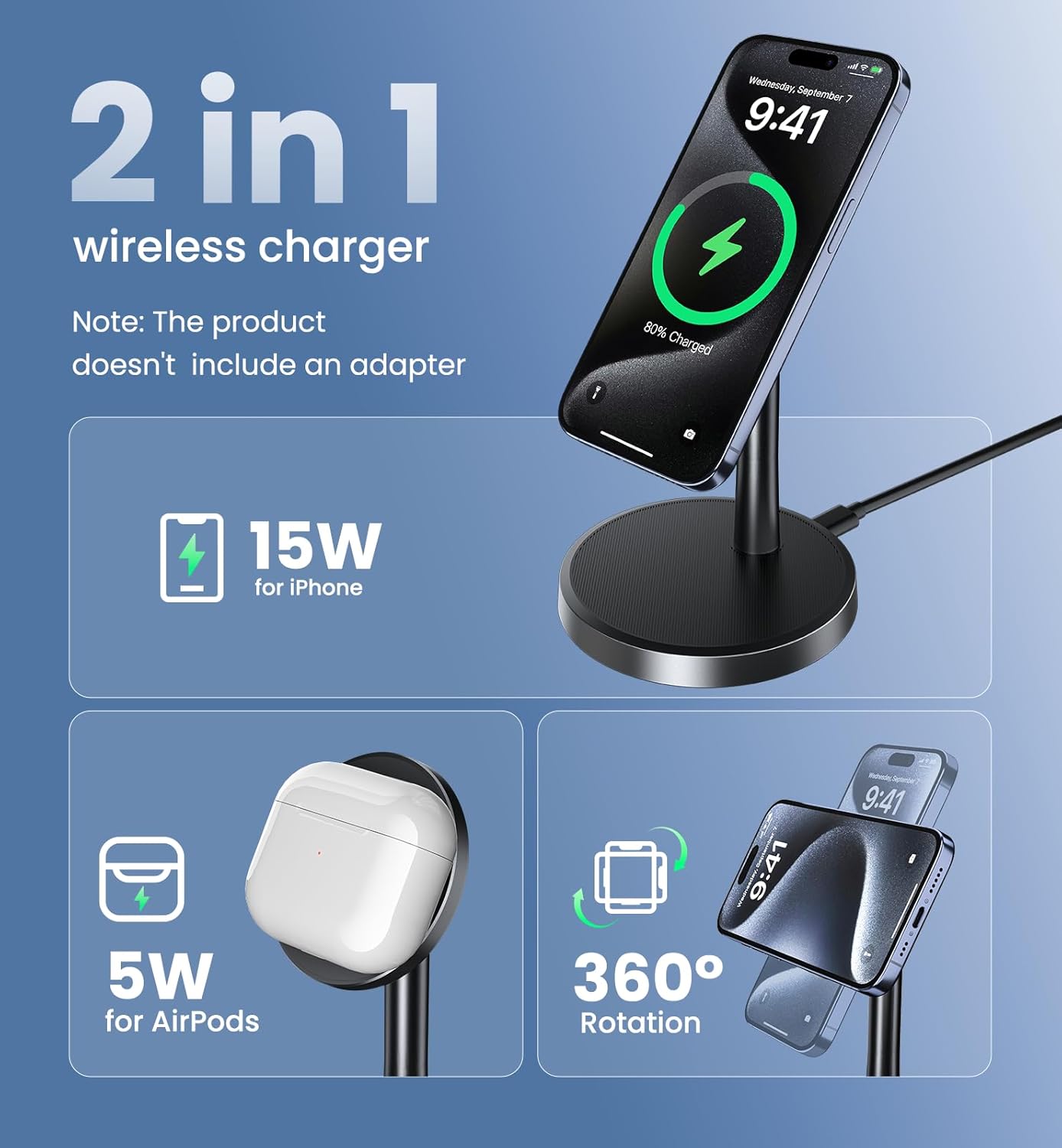 Magnetic Wireless Charger iPhone, 2 Pack 15W Fast Mag-Safe Charger Stand for iPhone 17/17 Air/17 Pro/17 Pro Max 16/15/14/13/12 Series, Wireless Charging Station for Pad/AirPods(Black)