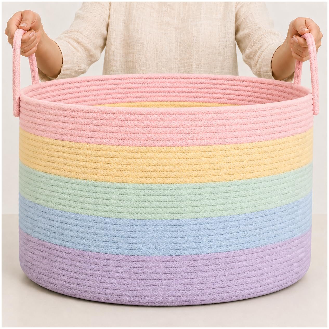 OrganiHaus Round Toy Basket & Blanket Basket, Cotton Rope 20x13" | Honey / Off-White - Round Cotton Rope Basket, 20x13"