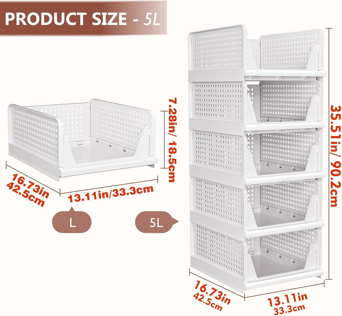 CTSNSLH 5 Pack Closet Organizers Stackable Storage Box | White Stackable Plastic Drawer Bins for Closets, Wardrobes, Kitchens, Bathrooms, Offices