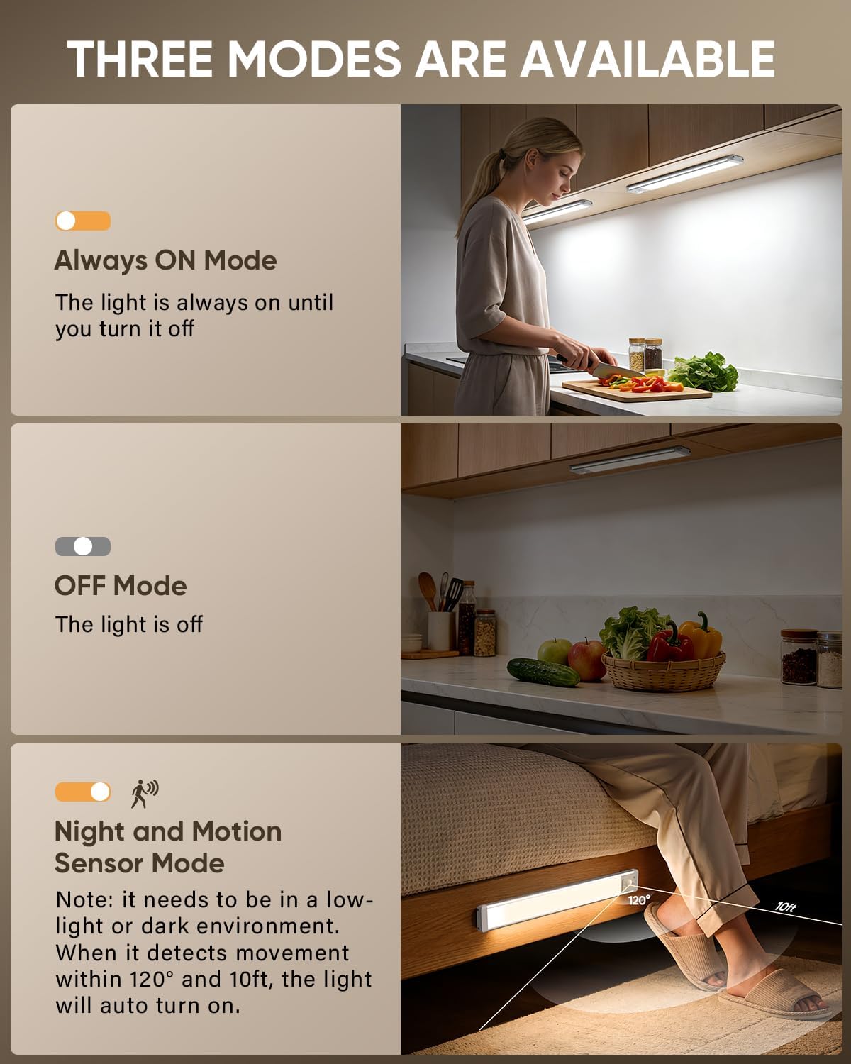 MCGOR 3 Pack 10inch Under Cabinet Lighting, Rechargeable Motion Sensor Light Indoor with 3 Color Temps, Dimmable Magnetic Led Closet Lights, Wireless Under Counter Lights for Kitchen, Stairs