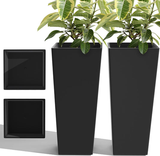2-Pack 24 Inch Tall Planters with Saucers, Black