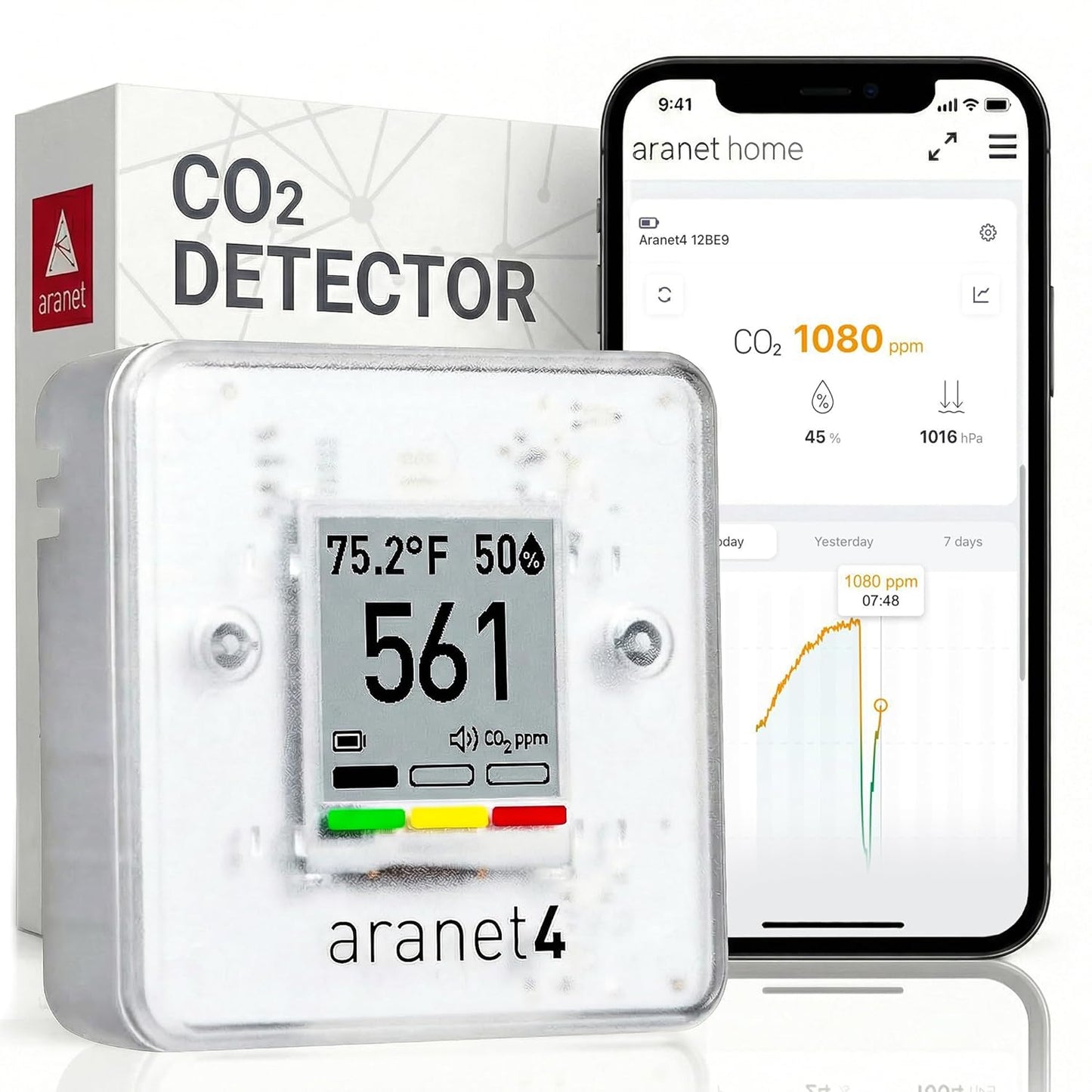 SAF Aranet4 Home: Wireless Indoor Air Quality Monitor for Office or School (CO2, Temperature, Humidity and More) Portable, Battery Powered, E-Ink Screen, App for Configuration & Data History