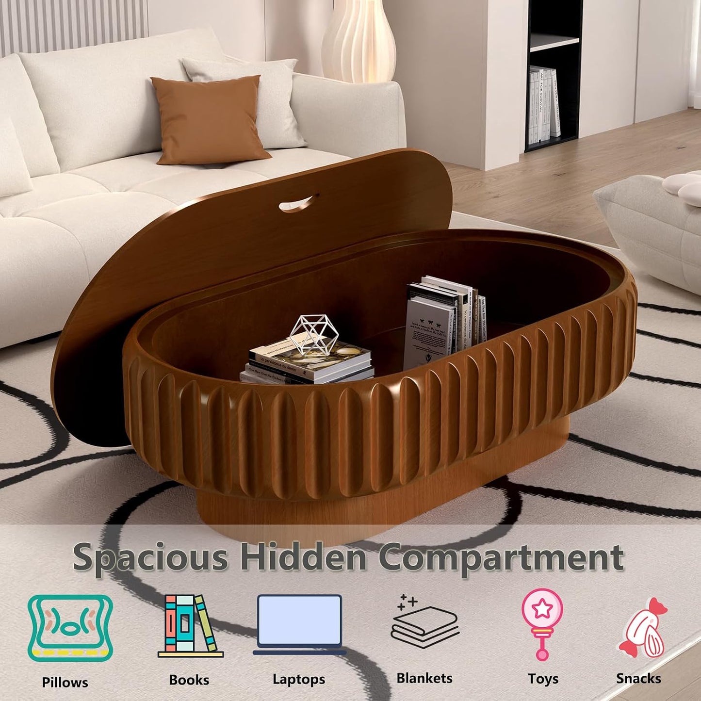 Mid Century Modern Oval Fluted Coffee Table with Storage (P) | Handcraft Drum Coffee Table, Sturdy Pedestal, Wood Veneer Top, for Living Room Reception Room Farmhouse