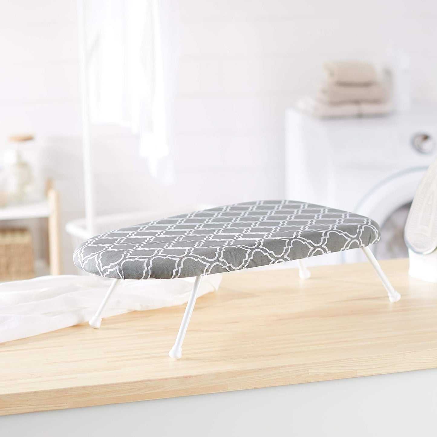 Amazon Basics Foldable Compact Tabletop Ironing Board with Folding Legs, Heat Resistant Portable, Lightweight, Non-Slip, Easy Storage, Trellis Removable Cover, 23.6"L x 7.1"W x 14.3"H, Chevron