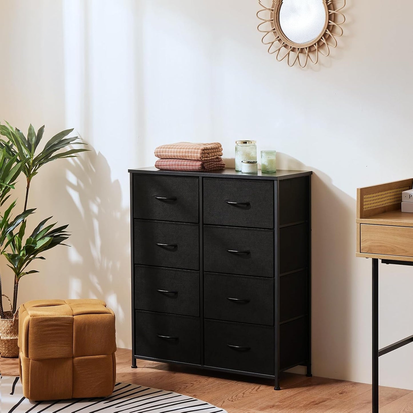 OLIXIS 8 Drawer Storage Dresser with Wood Top - Wide Fabric Chest Organizer for Bedroom, Closet, Living Room,Tower Cabinet, TV Stand, Hallway Entryway Furniture,Black