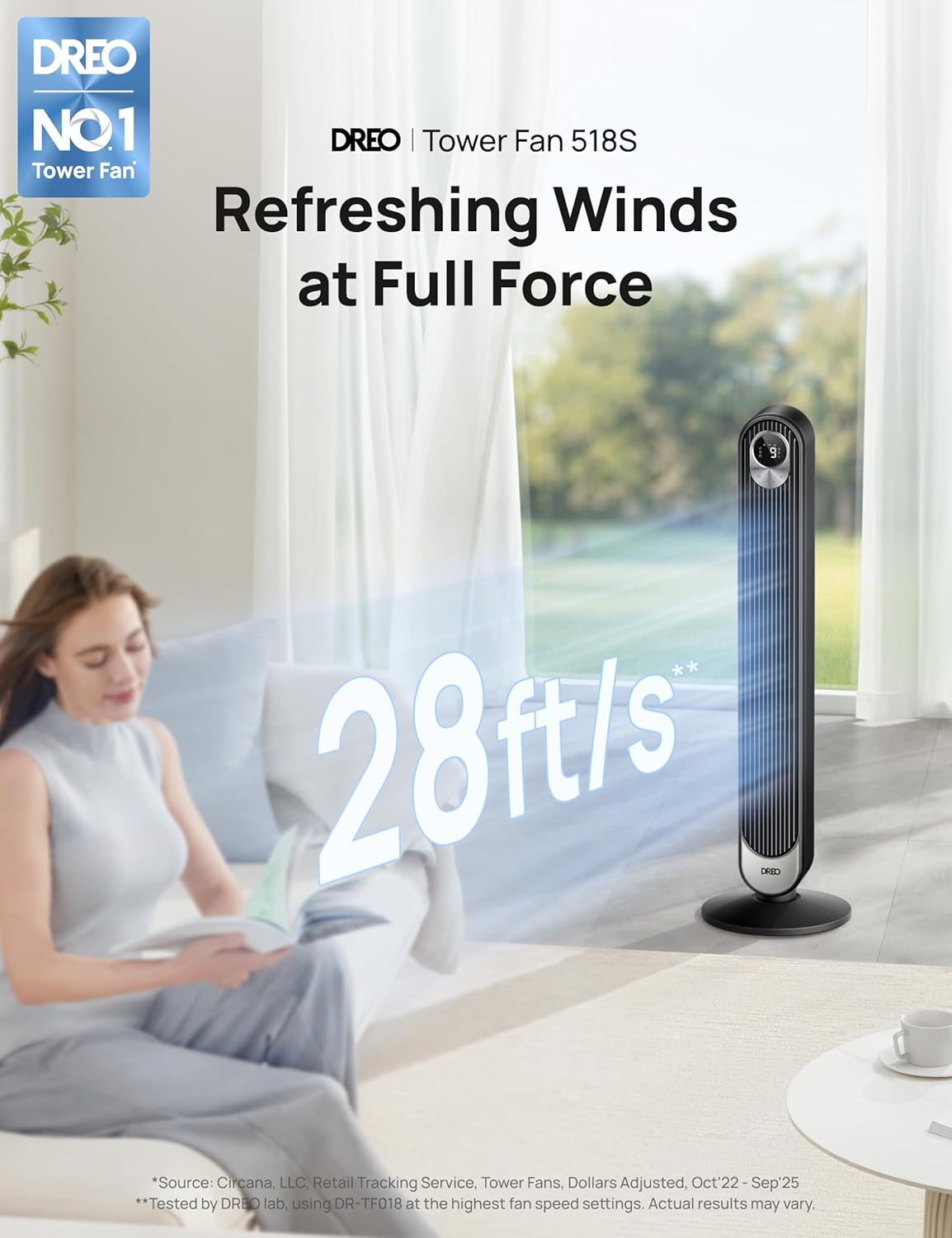 DREO Smart Tower Fan for Bedroom, Floor Standing Bladeless Oscillating Fan with Remote, 9 Speeds, 4 Modes, 12H Timer, for Indoor Bedroom Home Office, WiFi Voice Control