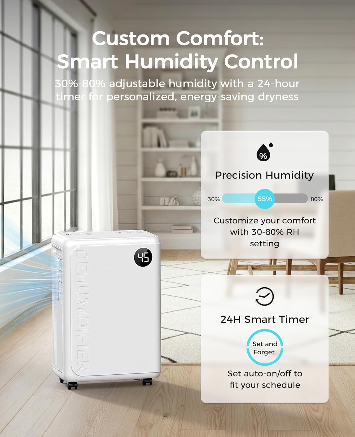 PLUSCENT 32 Pint Dehumidifier for Basement, 2500 sq.ft Dehumidifiers for Home with Drain Hose, 3 Modes, Auto Defrost, 24H Timer, Quiet Smart Humidity Control for Large Room, Bedroom, Bathroom, RV