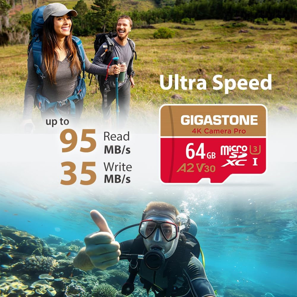 【5-Years Data Recovery】 GIGASTONE 64GB Micro SD Card, 4K Camera Pro, UHD Video for GoPro, Action Camera, Wyze, DJI, Drone, Nintendo-Switch, R/W up to 95/35MB/s MicroSDXC Memory Card UHS-I U3 A2 V30