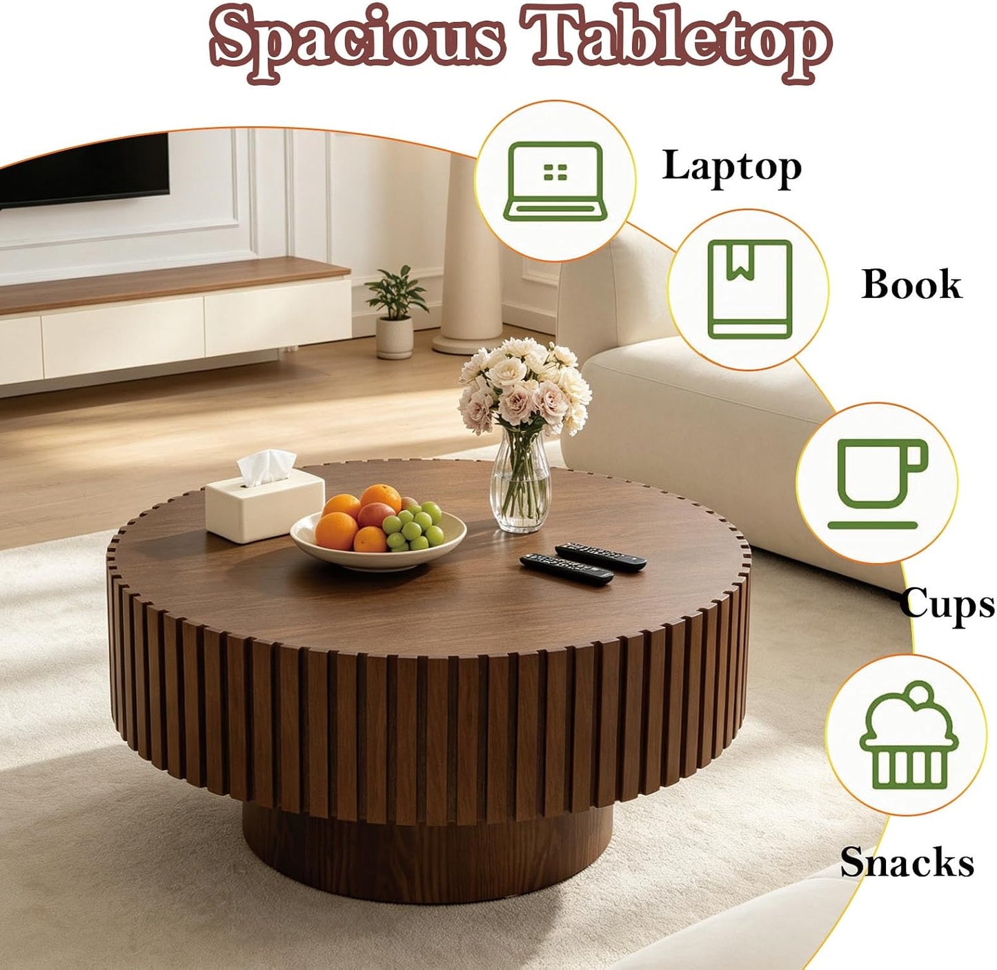 Unique Fluted Coffee Table with Sturdy Pedestal (F Round Brown 31.5in) | Modern Handcraft Drum Side End Table Easy Assembly for Living Room Apartment