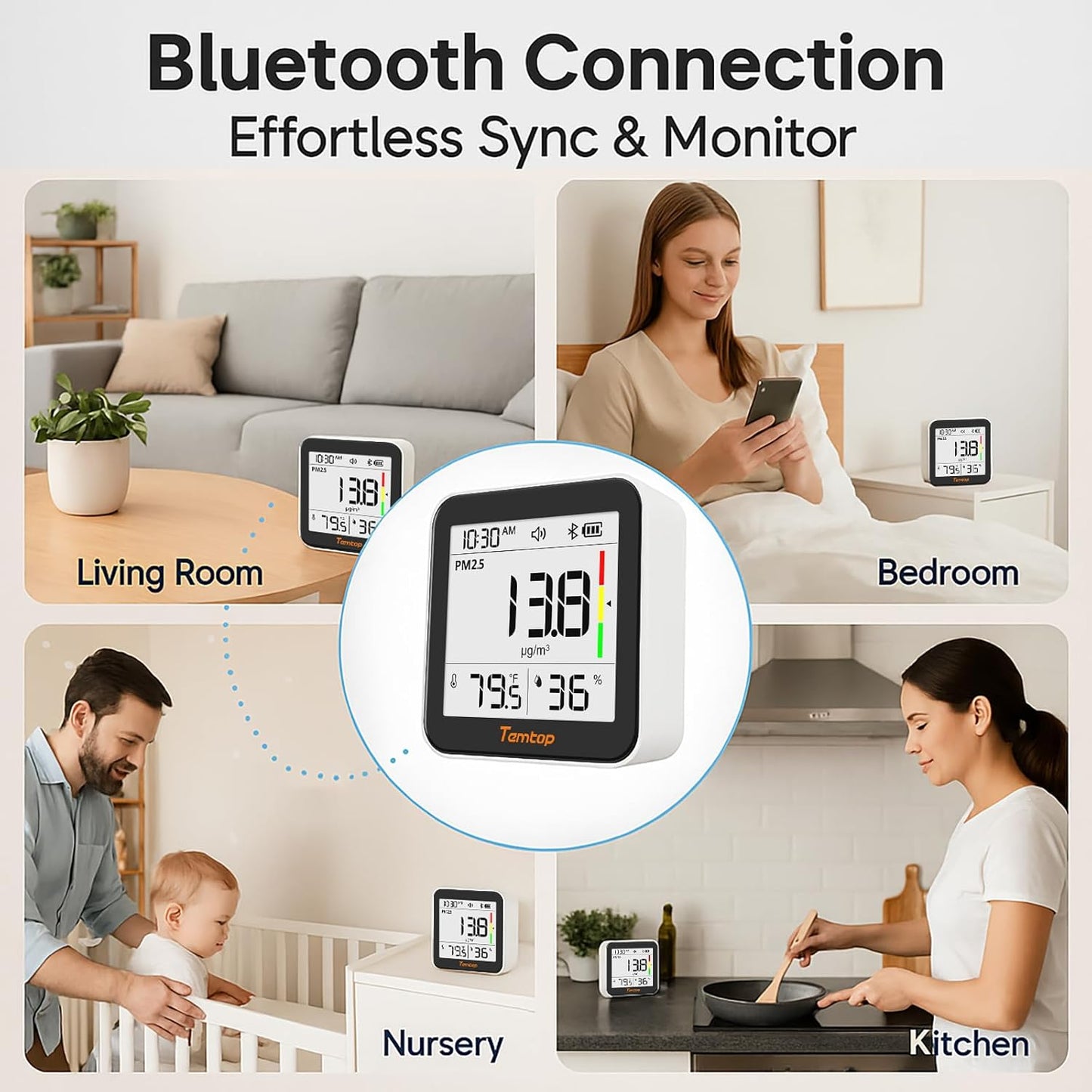 Temtop M10+ Indoor Air Quality Monitor & CO2 Meter for Home, 6-in-1 PM2.5 & VOC Detector, E-Ink Display, Battery Powered 60-Day Quiet Bedroom Air Pollution Monitor, App Temperature & Humidity Sensor