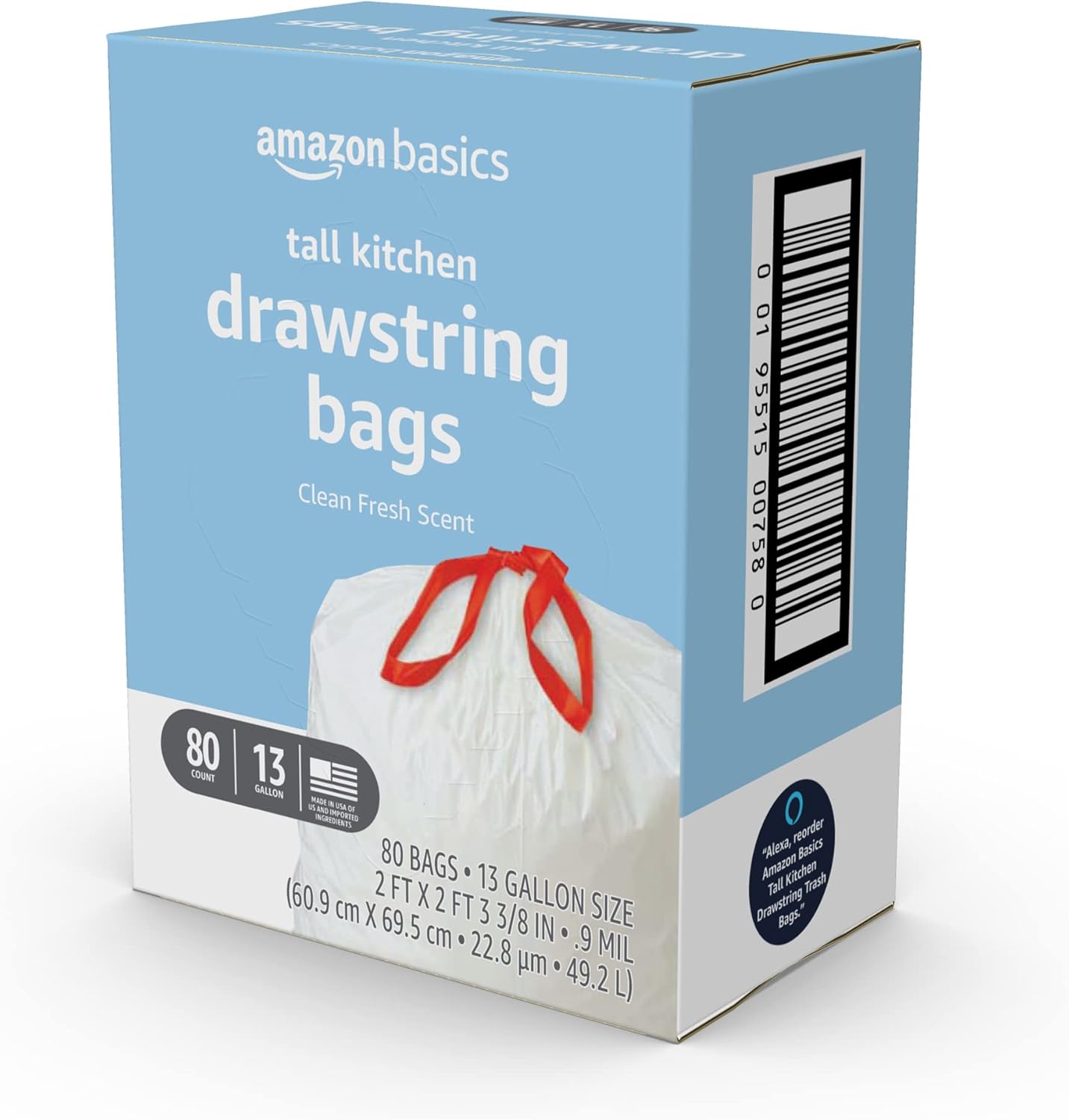 Amazon Basics Tall Kitchen Drawstring Trash Bags, Clean Fresh Scent, 13 Gallon, Odor Control, 0.9 mil Thickness, 80 Count (Previously Solimo)