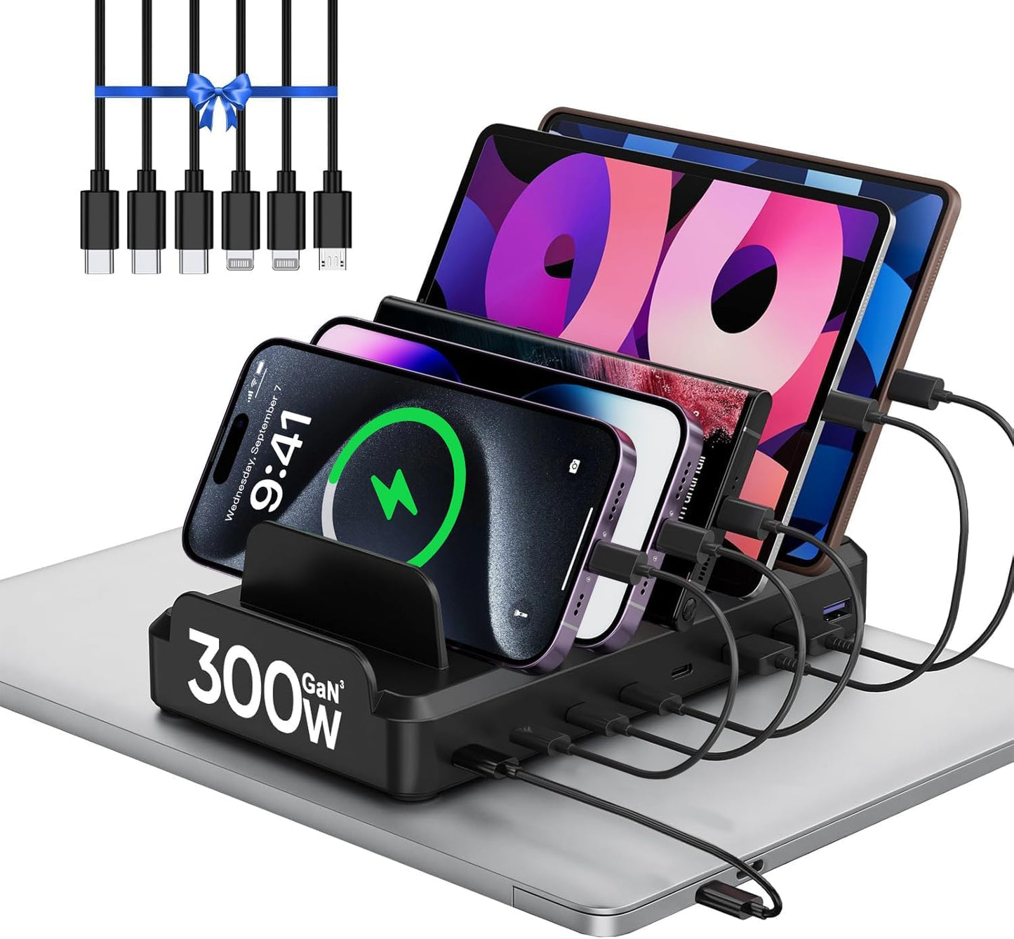 Lcssio 300W Charging Station for Multiple Devices, 8 Port Fast Charger | Fast Charging, Safety Certified, Compact Design, Organized Charging, Multiple Devices at Once, With 6 Cables