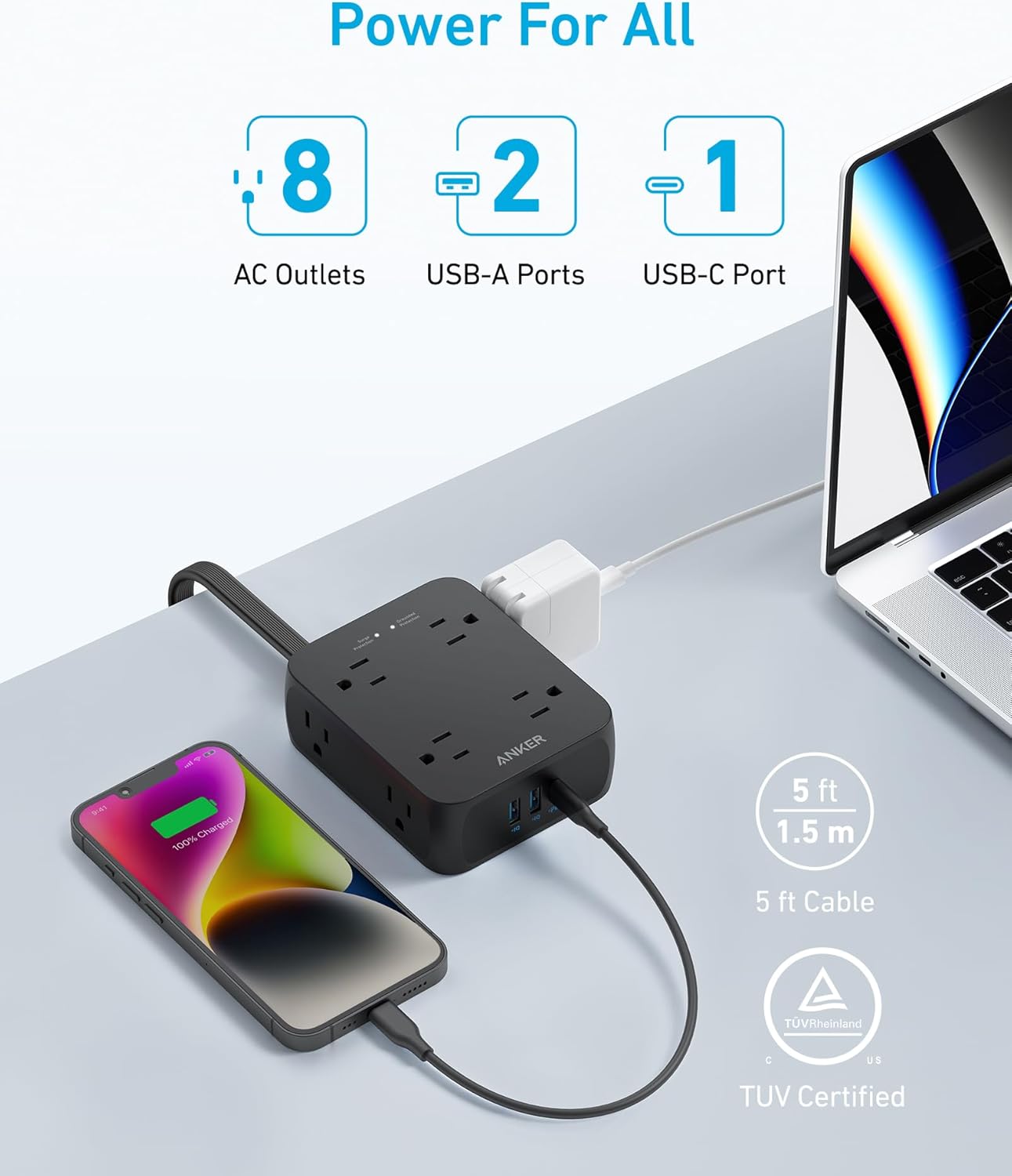 Anker Power Strip with 2000J Surge Protector, Flat Plug Extension Cord with Multiple Outlets, 8 AC, 2 USB A & 1 USB C Port for 20W, 5ft Outlet Extender, Dorm Room Essentials, Home Office, TUV Listed
