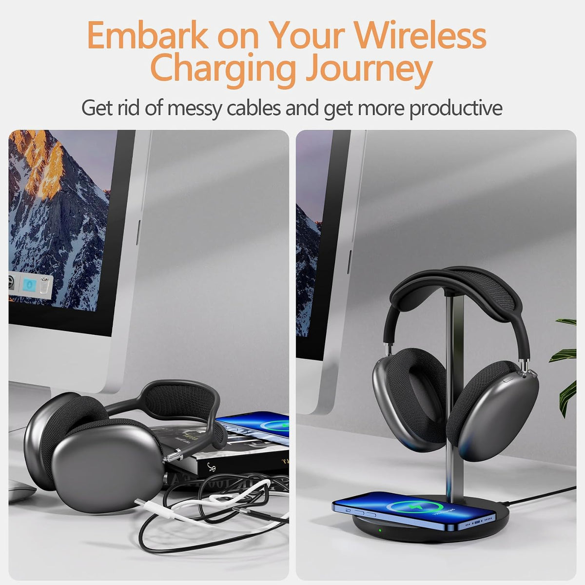 Hiwe Headphone Stand with Wireless Charger, Headset Holder for Desktop