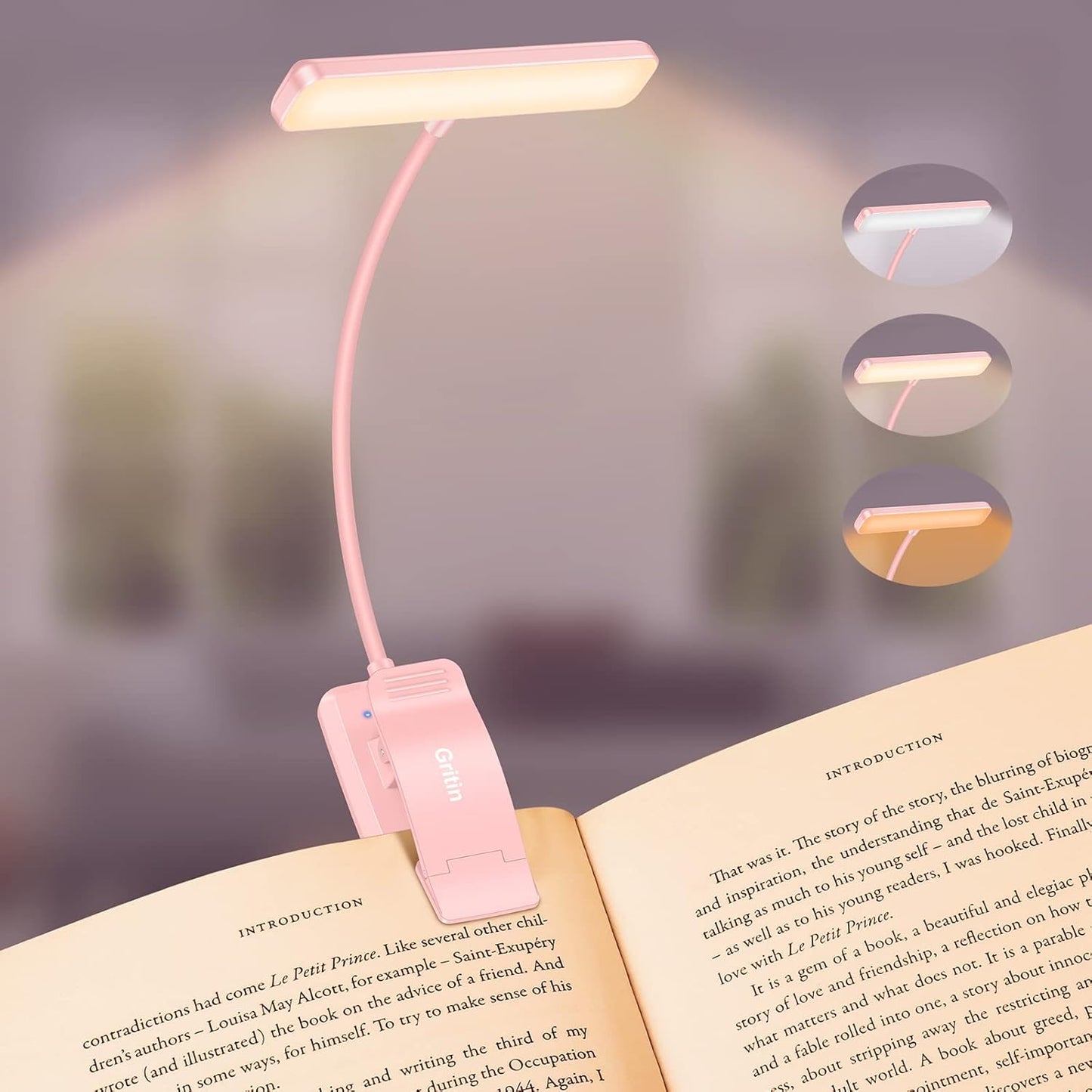 Gritin 19 LED Rechargeable Book Light for Reading in Bed with Memory Function- Eye Caring 3 Color Temperatures,Stepless Dimming Brightness,90 Hrs Runtime Clip on Light for Book Lovers-Pink