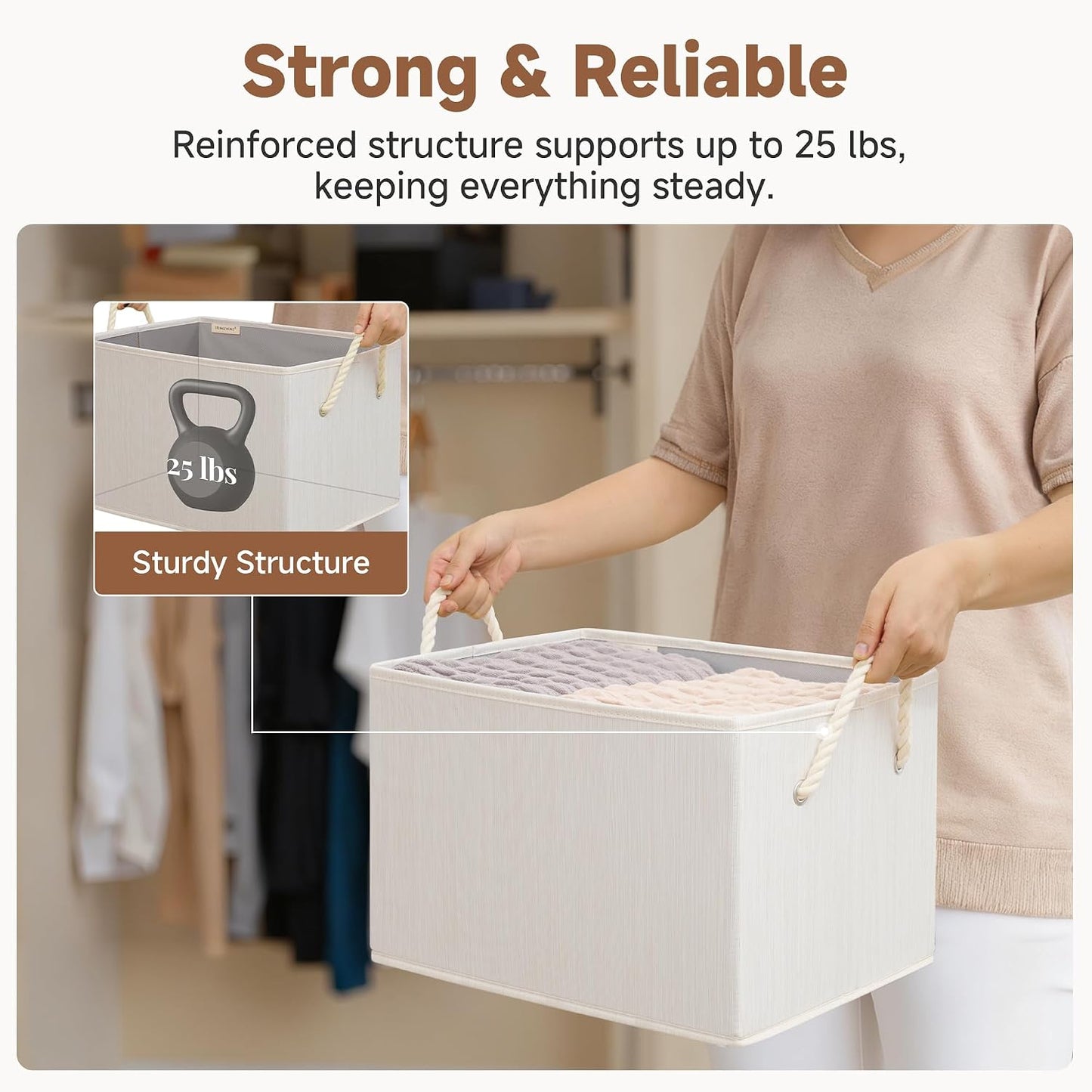 StorageWorks Fabric Storage Bins with Rope Handles, Beige, Extra Large | Collapsible Closet Storage Bins, Closet Organizer Bins for Clothes, Fabric Shelf Baskets and Storage