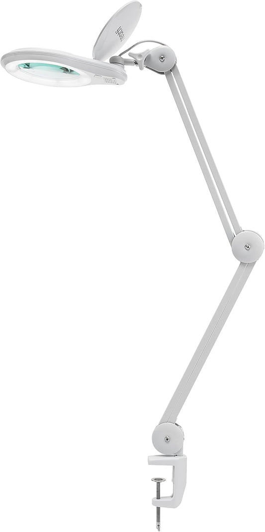 Neatfi LED Magnifying Lamp 1,200 Lumens with Clamp – 5” 5-Diopter Glass Lens, Dimmable Task Light | Adjustable Arm | Reading, Sewing & Crafting (White, 5-Diopter)