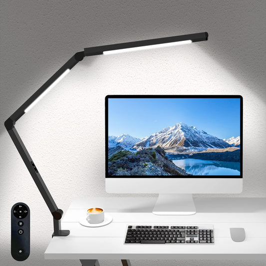 LED Desk Lamp with Clamp, Architect Desk Lamp for Home Office with Remote Control, Swing Arm Clamp on Computer Light, Clip-on Eye-Care Adjustable 5 Brightness Levels Table Light for Working Drafting