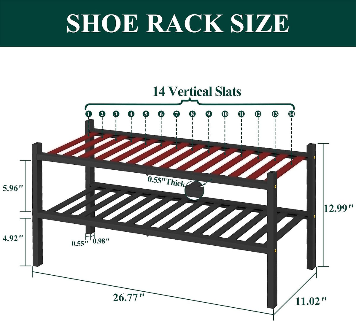 Smiry Bamboo Shoe Rack for Closet, 2 Tier - 26.77" Wide, Black