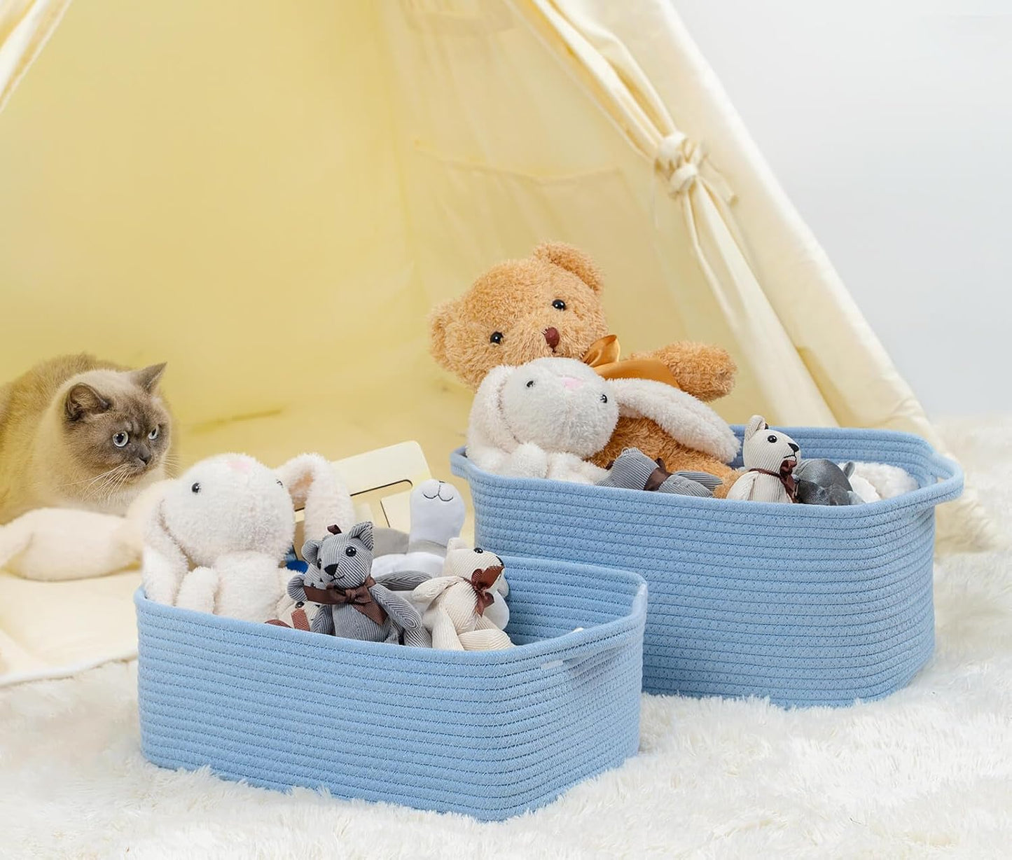 CubesLand Cube Storage Organizer Basket Bin, Cotton Rope Shelves Basket | Durable Woven Rectangular Shelf Basket for Organizing, Nursery Toys Basket, Blue Basket