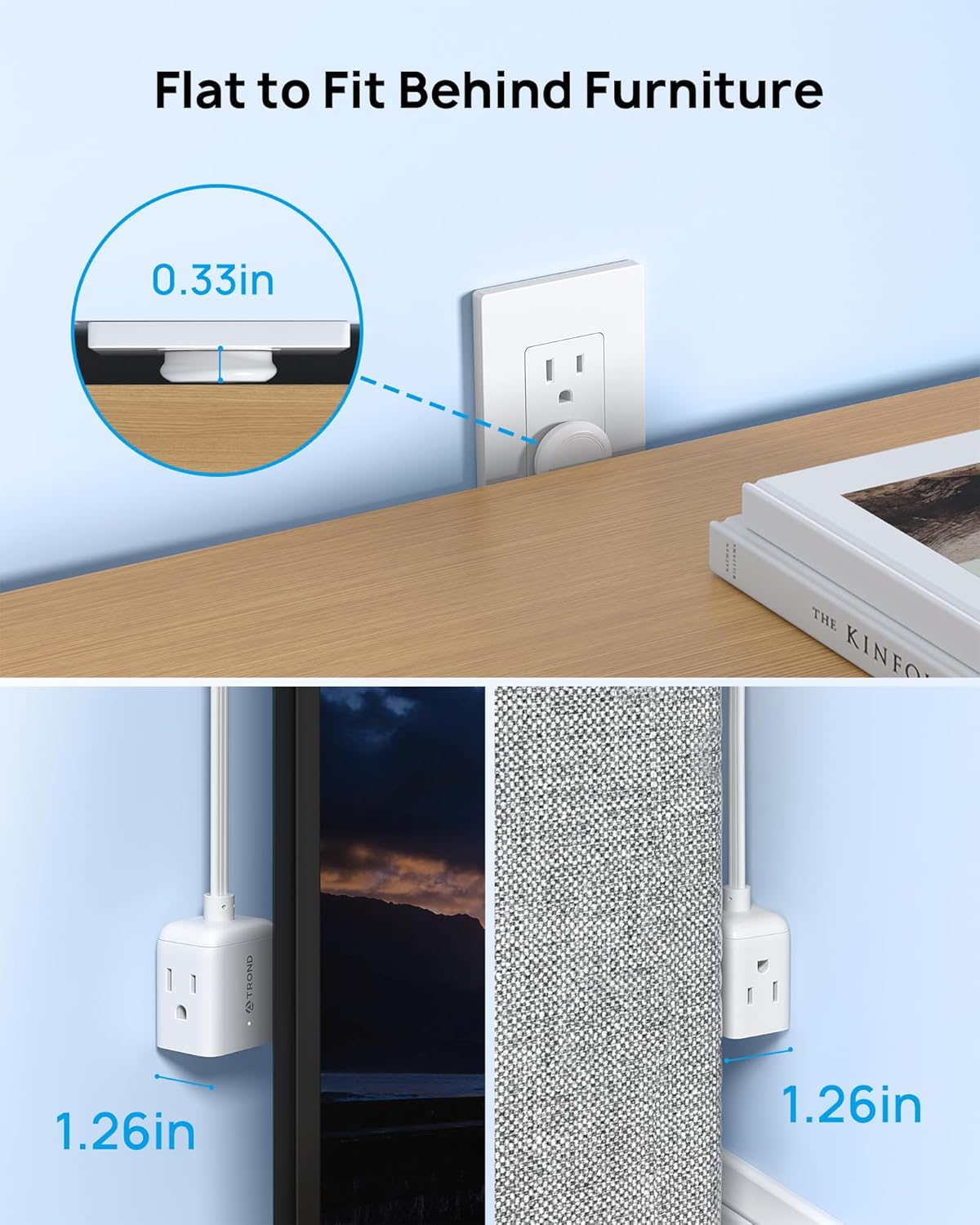 TROND Flat Outlet Extender with 6 Inch Cord - ETL Listed Flat Plug Extension Outlet Splitter Adapter, Electrical 3 Way Multi Wall Plug Extender for Home Office Dorm Room Cruise Ship Travel, White