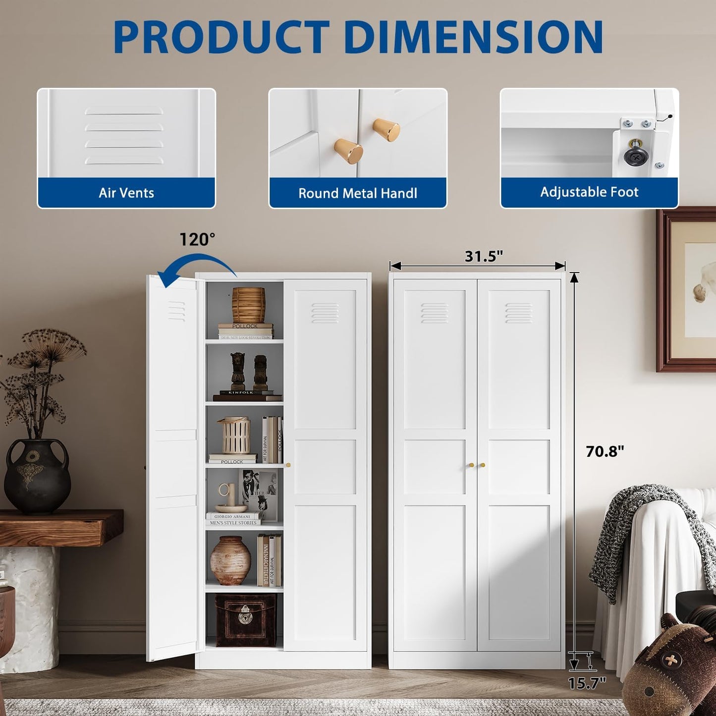 Fesbos Metal Storage Cabinet-71” Tall Steel File Cabinets with Doors and 5 Adjustable Shelves-White Steel Storage Cabinet for Home,Kitchen, School, Office, Garage