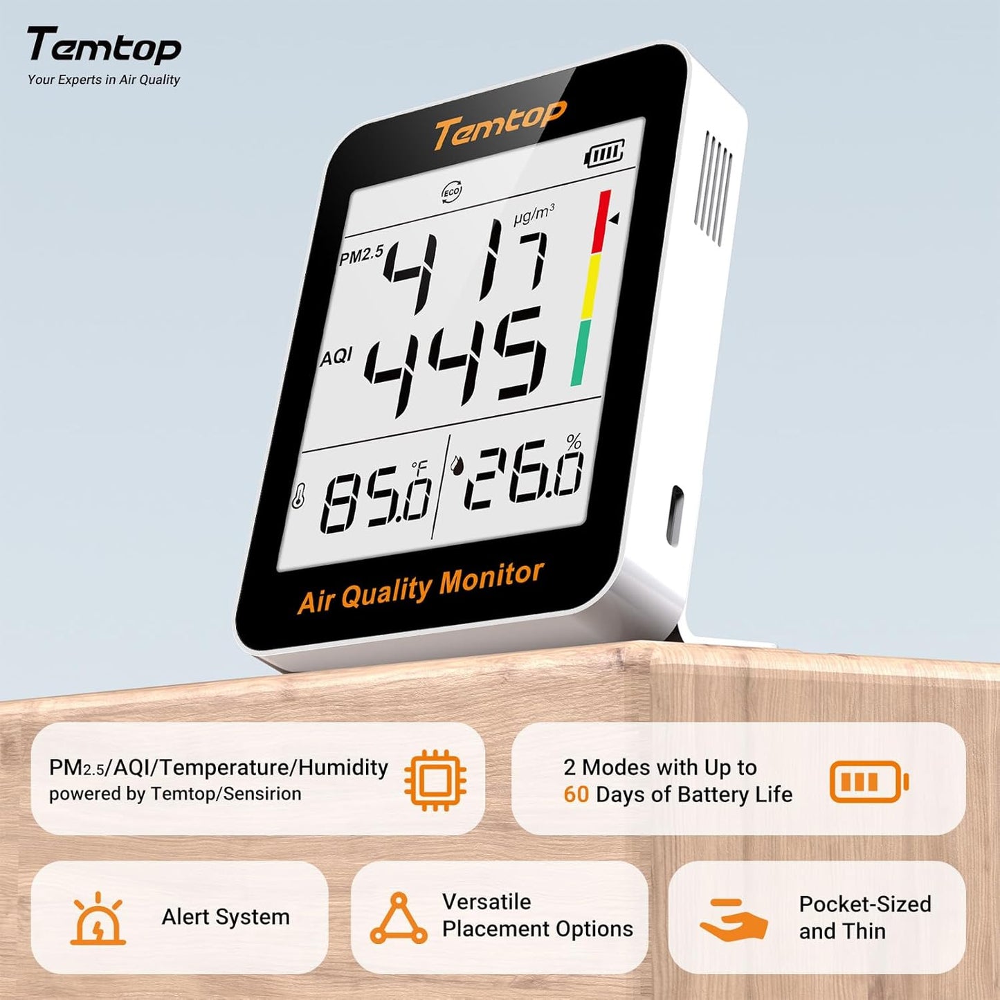 Temtop Air Quality Monitor with Indoor Thermometer & Thermo-Hygrometer – PM2.5, AQI, Temperature and Humidity Meter for Home, Office, Nursery, School, 60-Day Battery Life