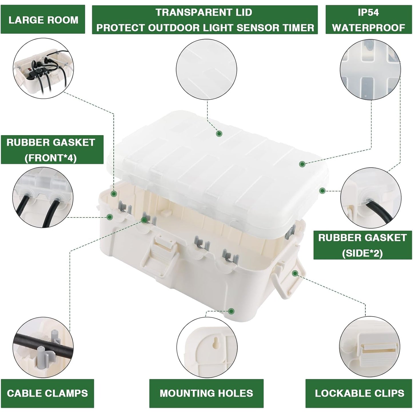 Flemoon Large Outdoor Electrical Box, Waterproof Extension Cord Cover | 6 Cable Entry Ports, IP54 Weatherproof Connection Box with Clear Lid for Photocell Light Sensor Timer, Outlet, Socket, White