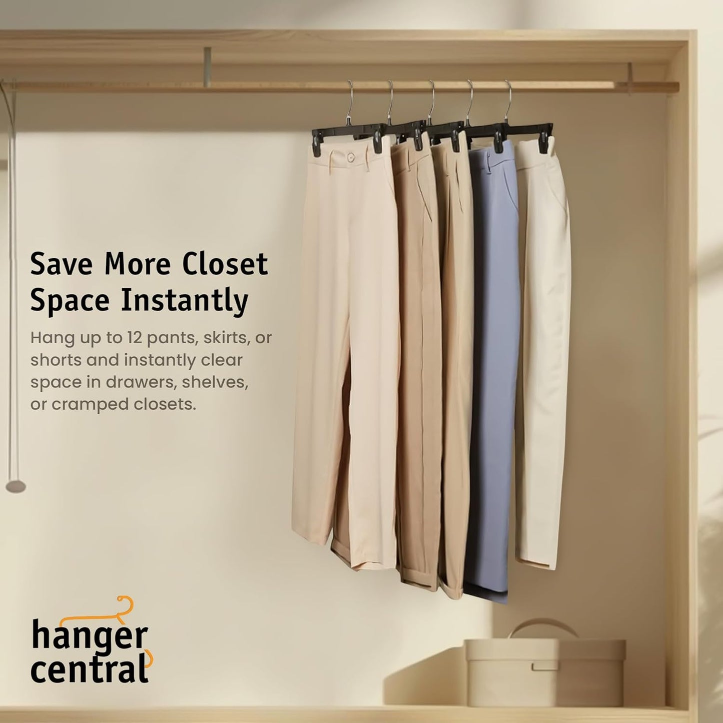 12 Inch 12 Pack Pants Hangers, Slim Plastic Clothes Hangers with Clips for Skirts, Pants, Shorts, Space Saving Heavy Duty Closet Organizer with Non Slip Grip & Swivel Hook – Black