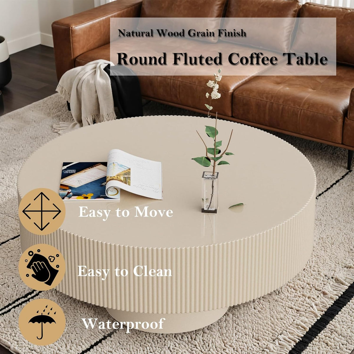 30.9" Cream Rustic Drum Round Coffee Table (C30.9in)
