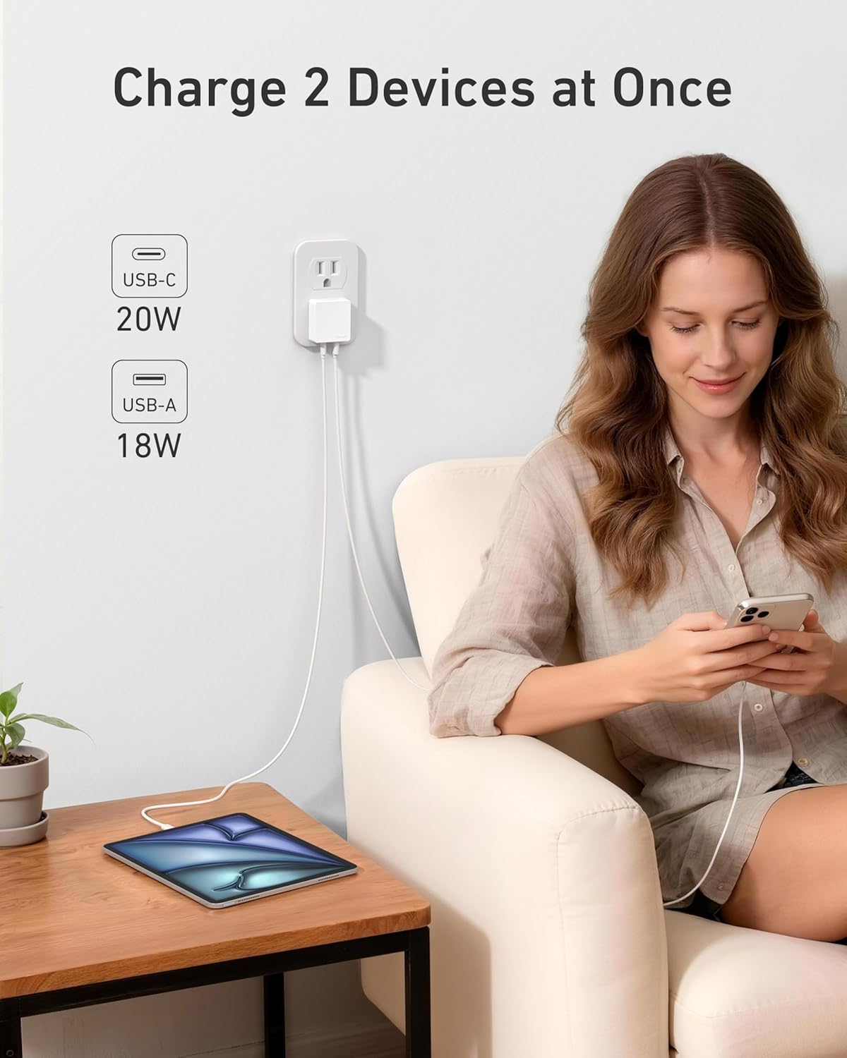 Nekmit Flat USB C Wall Charger, 45W Dual Port PPS Fast USB Charger Block(1*USB-C & 1*USB-A), Slim USB C Wall Plug for iPhone 17/16 and More Series, MacBook Air, iPad