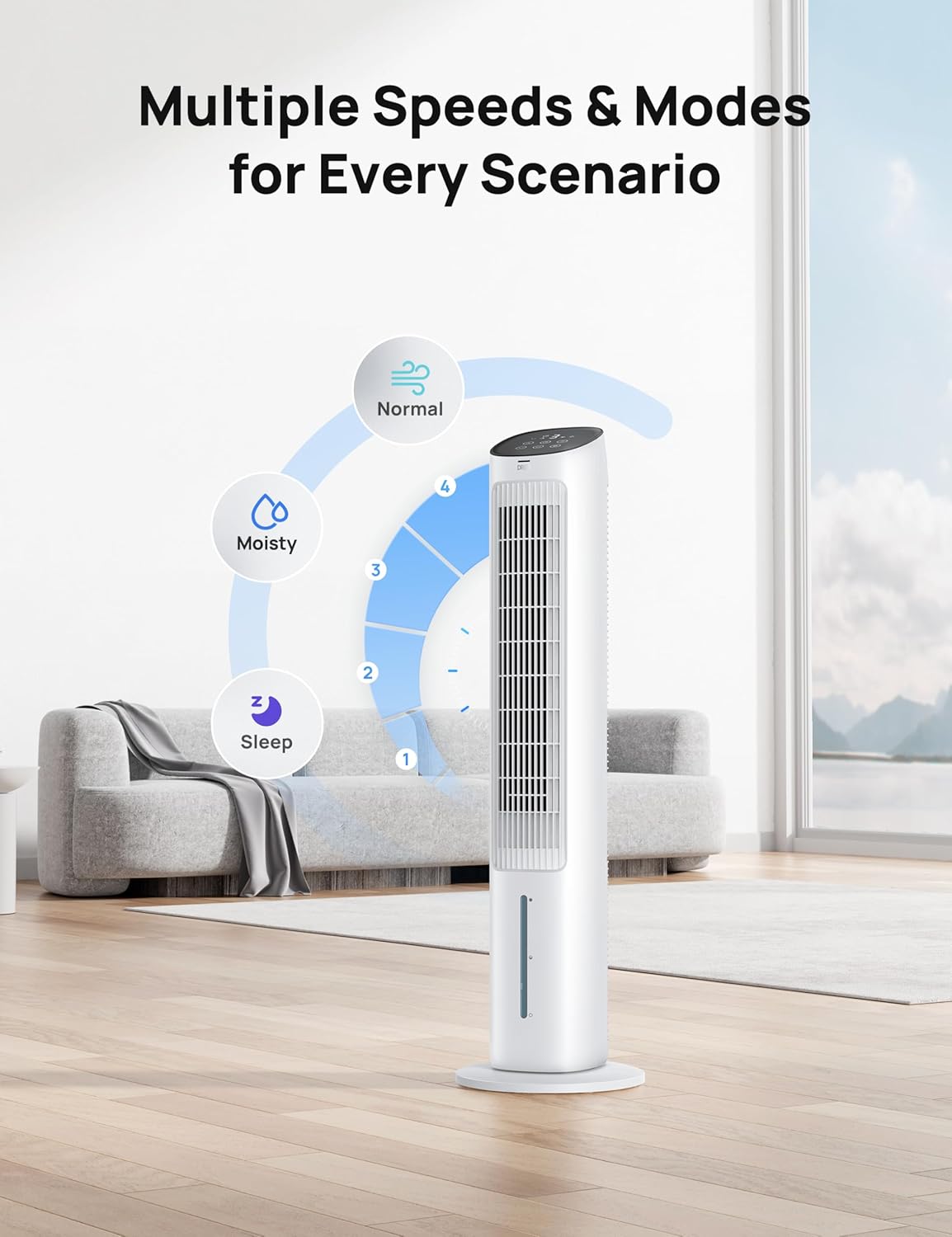 DREO Portable Air Conditioners Fan, 40” Standing Fans that Blow Cold Air, Portable AC，80° Oscillating Evaporative Air Cooler，Removable Water Tank, Ice Packs, Remote Control, 4 Speeds, 7H Timer, White