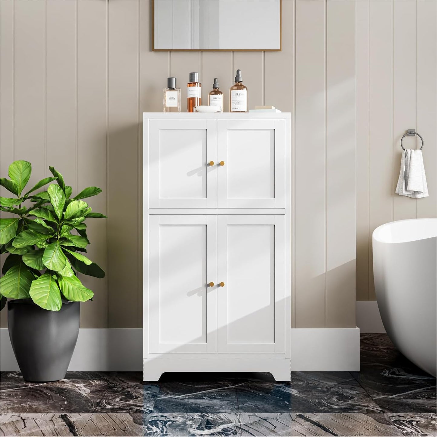 Metal Bathroom Storage Cabinet, Freestanding Pantry Floor Cabinet with 4 Doors and 2 Adjustable Shelves for Living Room, Dining Room, Kitchen (White, 43.3" H-4 Doors)