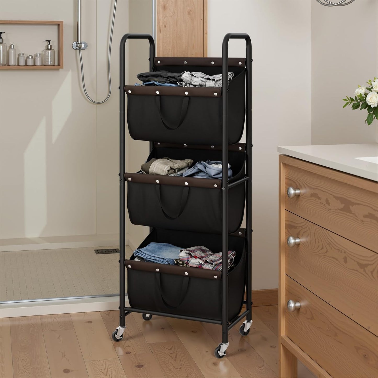 GRANNY SAYS 3 Section Tiered Laundry Sorter, Slim Vertical Laundry Hamper with Wheels, Narrow Rolling Laundry Cart with Removable Bags for Laundry Room, Bathroom, Closet, Dorm, Black