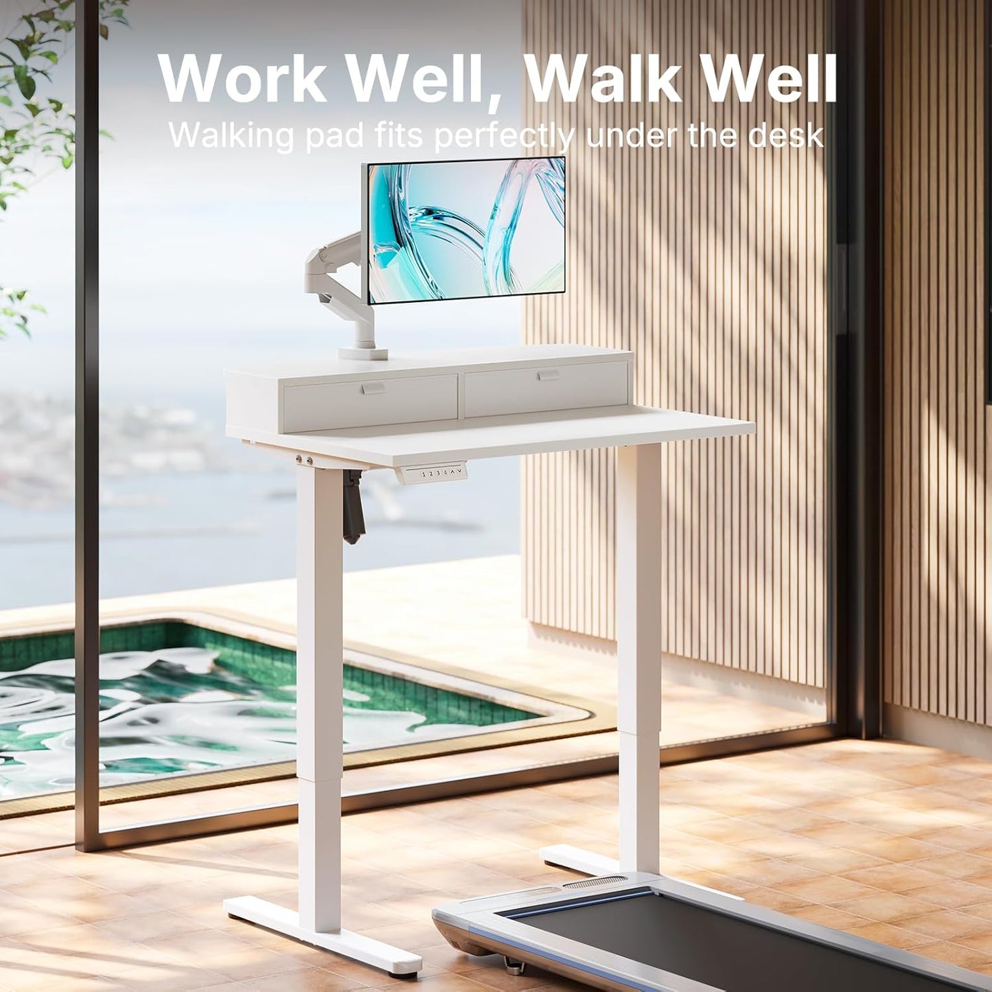 HUANUO 32 x 21 inch Small Electric Standing Desk with 2 Drawers, C-Clamp Mount Compatible, Height Adjustable Sit Stand Desk, Home Office Stand Up Desk with 4 Memory Height Settings, White