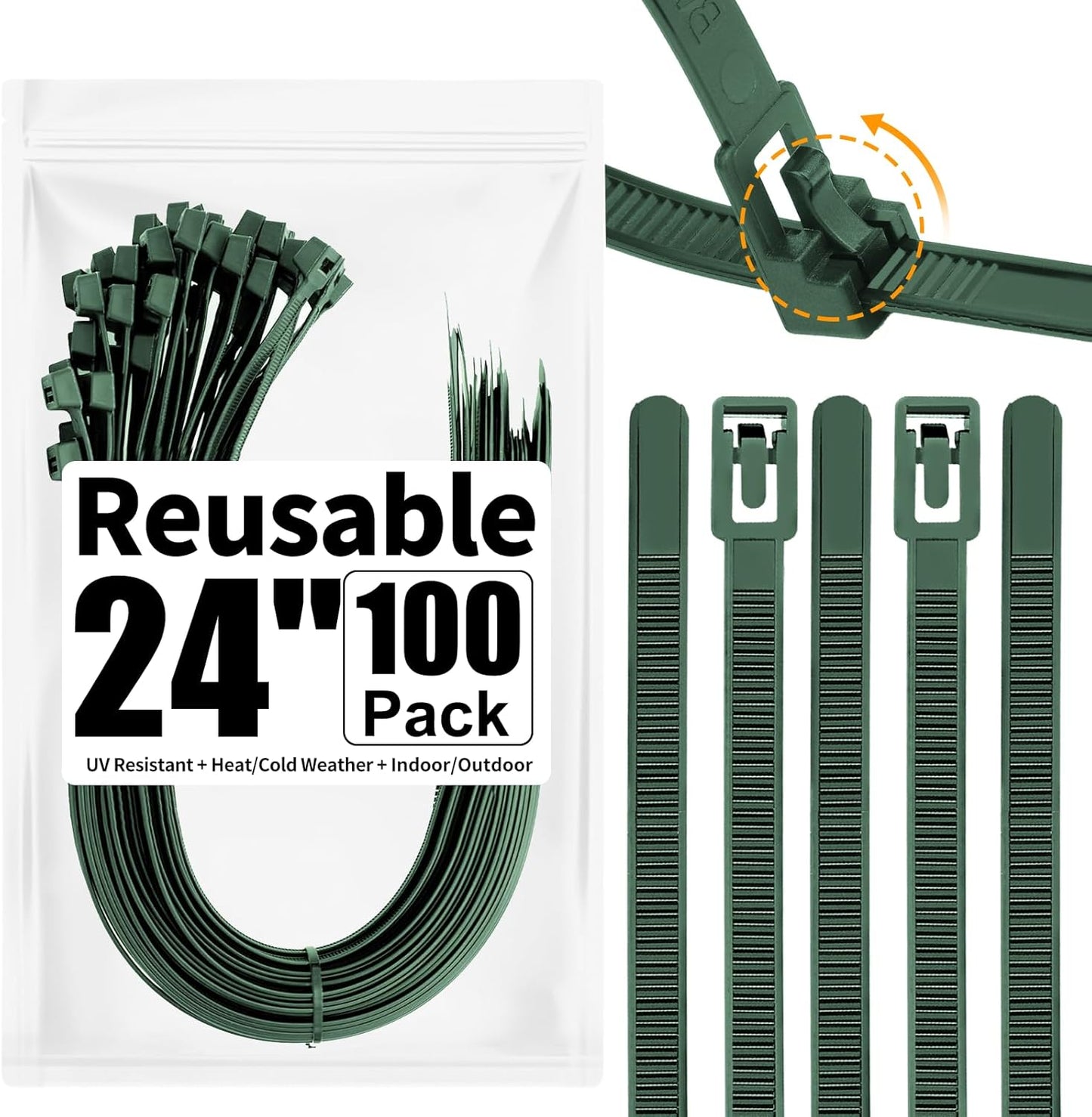 100 Pack Reusable Zip Ties 12 Inch Heavy Duty UV Resistant Cable Ties Black | Reusable Trigger Release / Heavy Duty Nylon / UV Weatherproof / Non-Slip Self-Locking / Smooth Round Ending No Hurt