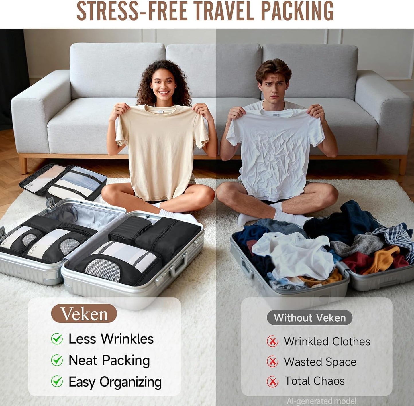 Veken 10 Set/8 Set Packing Cubes for Travel Essentials,Anti-Wrinkle Buckled Suitcase Organizer for Shoe & Toiletry Bag,Carry On Luggage Bag for Airplane & College Dorm Room Accessories,Women Men Gifts