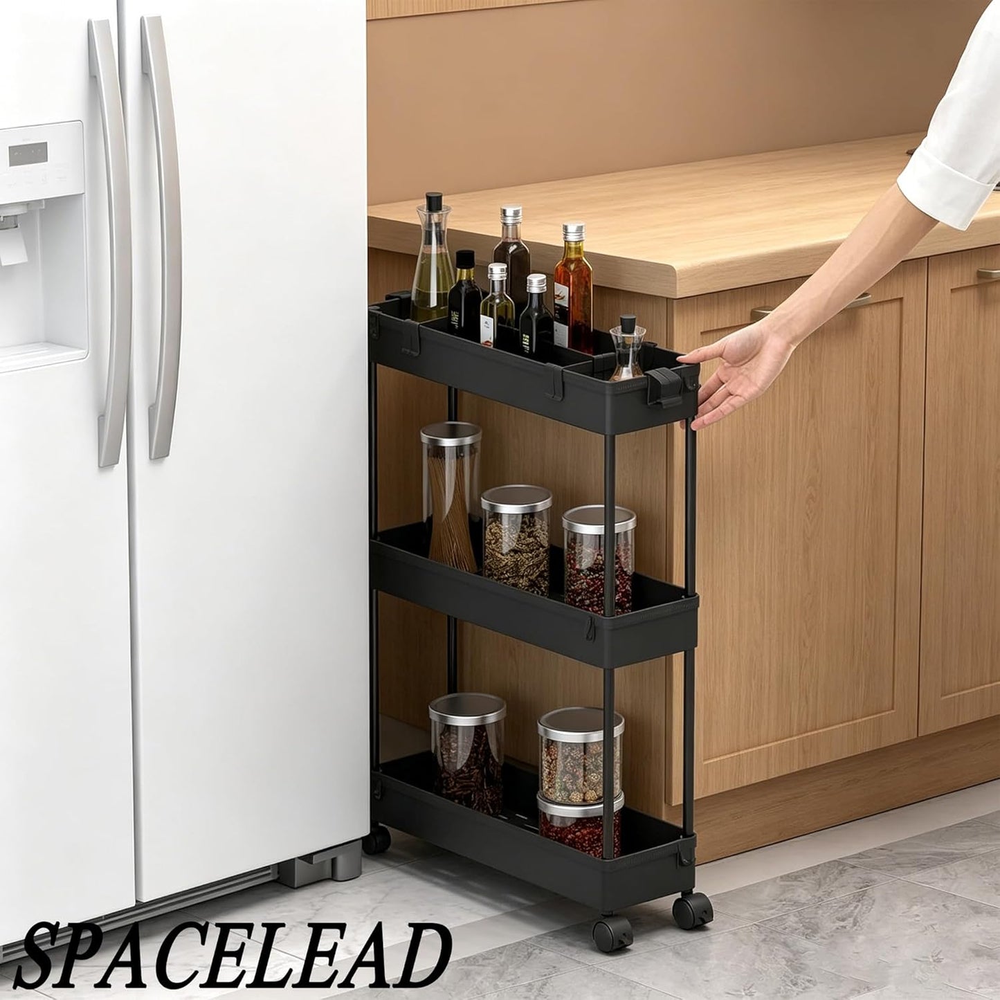 SPACELEAD Slim Storage Cart 3 Tier,Bathroom Organizer Rolling Utility,Mobile Shelving Unit Slide Out for Office, Kitchen, Laundry Room & Narrow Places,Black