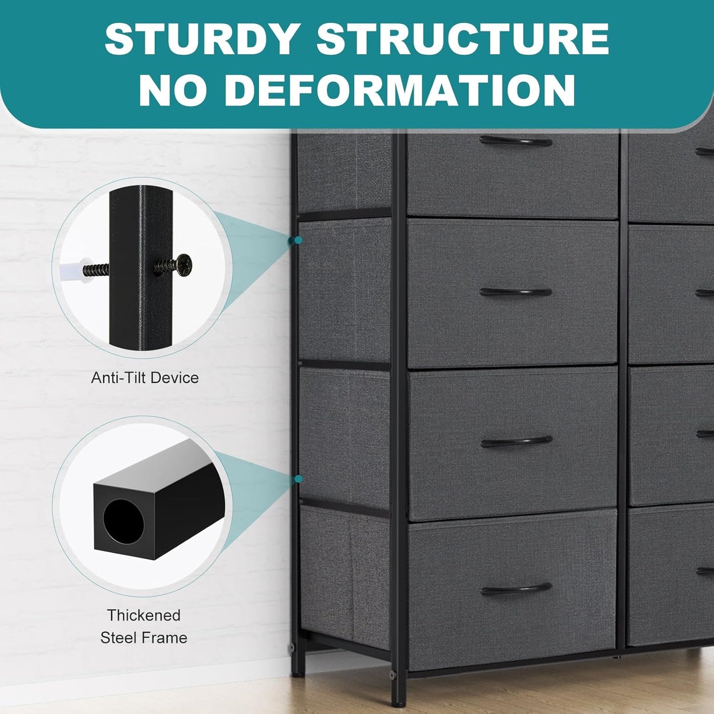 OLIXIS 8 Drawer Storage Dresser with Wood Top - Wide Fabric Chest Organizer for Bedroom, Closet, Living Room,Tower Cabinet, TV Stand, Hallway Entryway Furniture,Grey