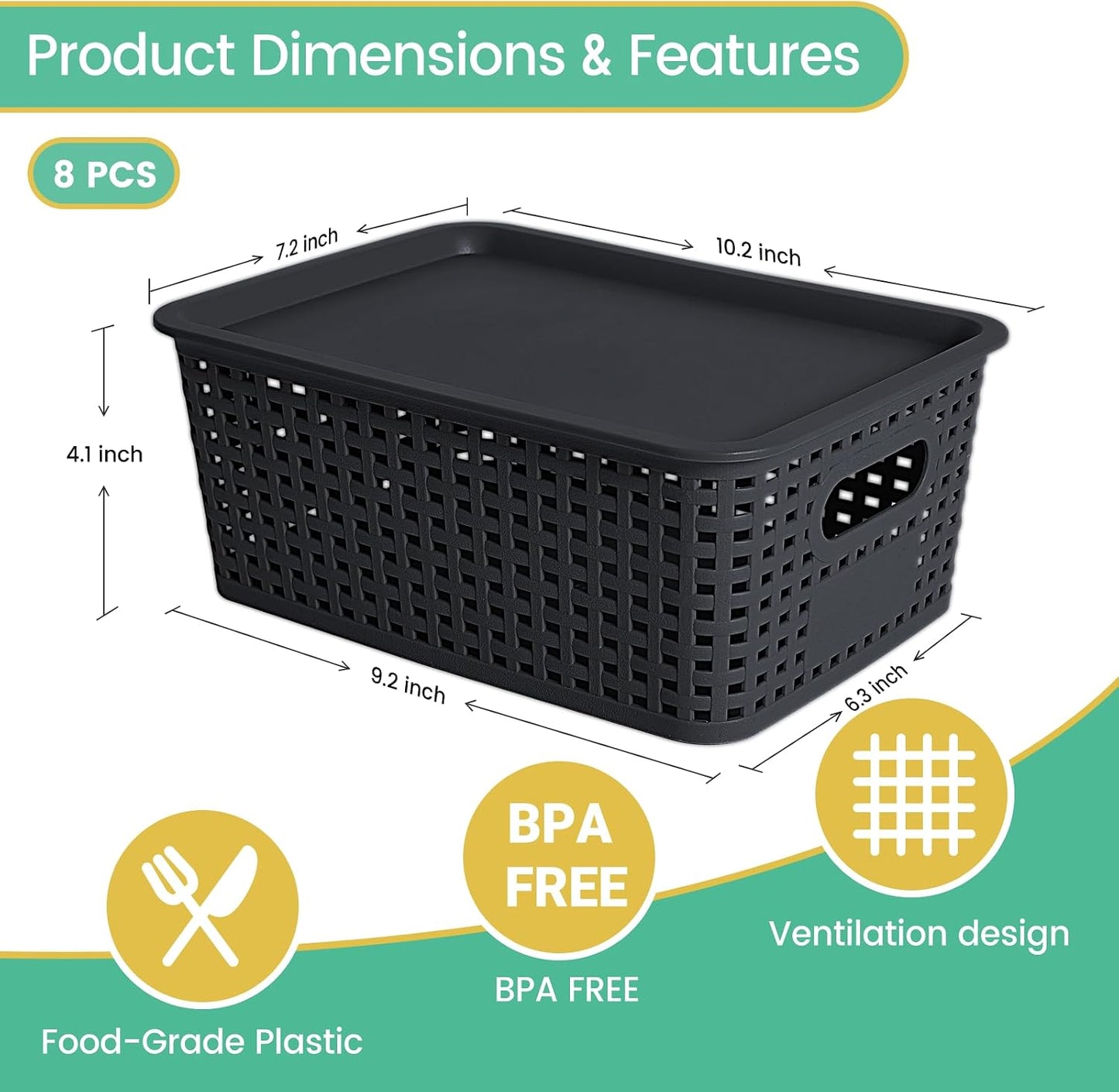 Ohmlove 8 Pack Plastic Storage Baskets with Lids for Organization | Stackable Storage bins, Storages Baskets for Organizing Shelves Drawers Desktop Closet Playroom Classroom Office, Black