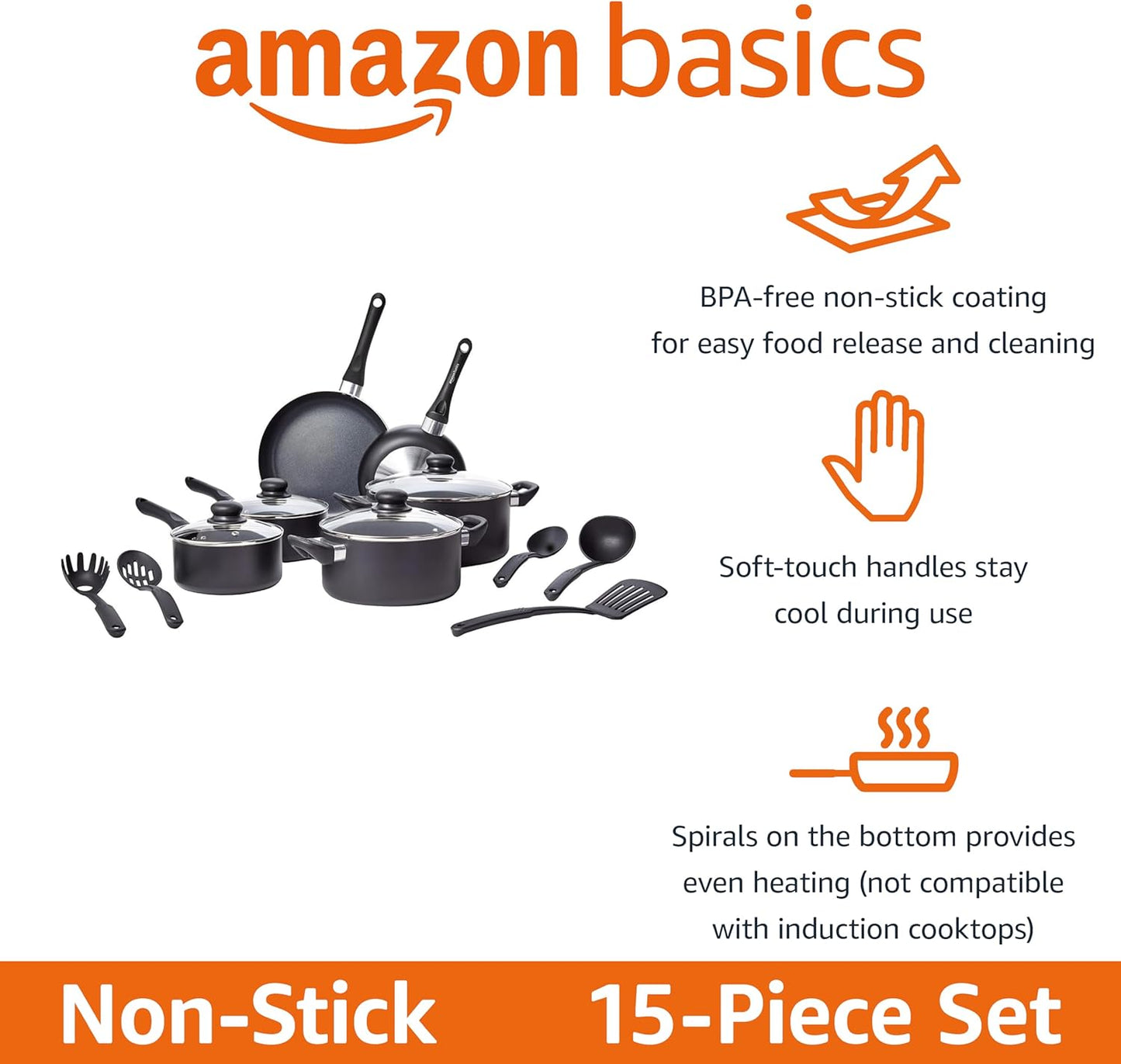 Amazon Basics Non-Stick Kitchen Cookware 15-Piece Set with Stay-Cool Handles, Even Heating, Non-Induction, Includes Pots, Pans, and Utensils, Black