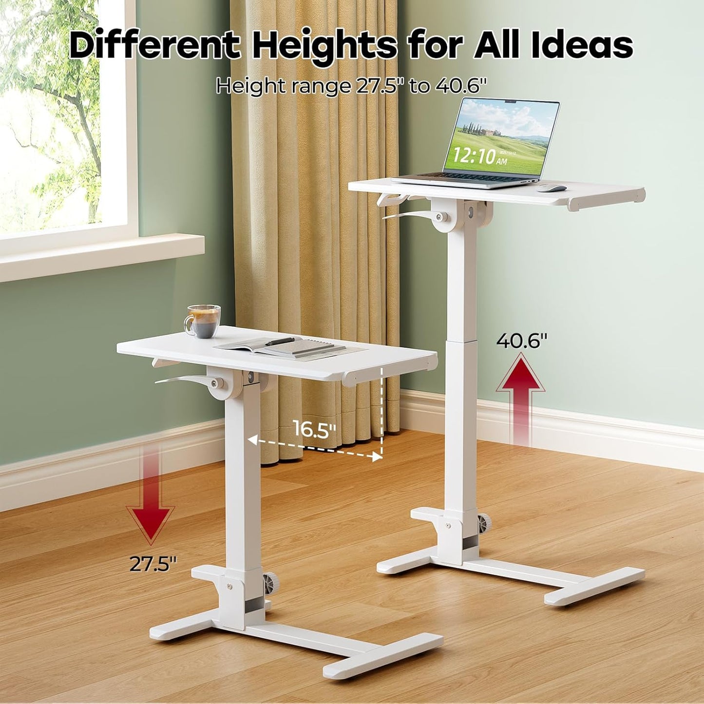 Foldable Mobile Standing Desk, 27 Inch Small Rolling Laptop Cart Height Adjustment, 90° Tiltable Bedside Table, No Assembly Needed Portable Computer Workstation, White